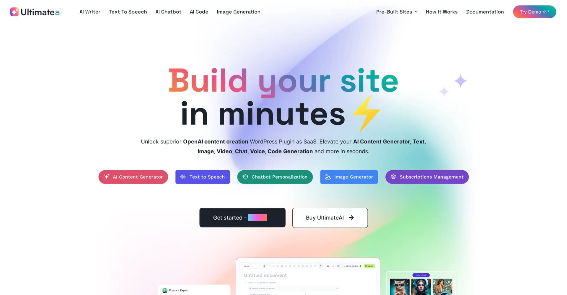 UltimateAI homepage screenshot — OpenAI-powered content creation for WordPress