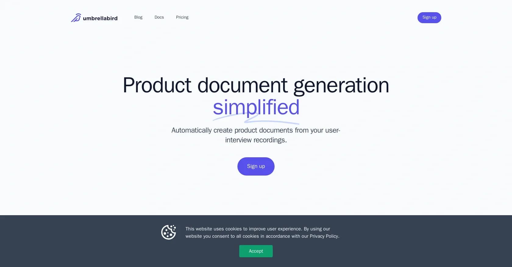 Umbrellabird homepage screenshot — Product docs from user-interview recordings.