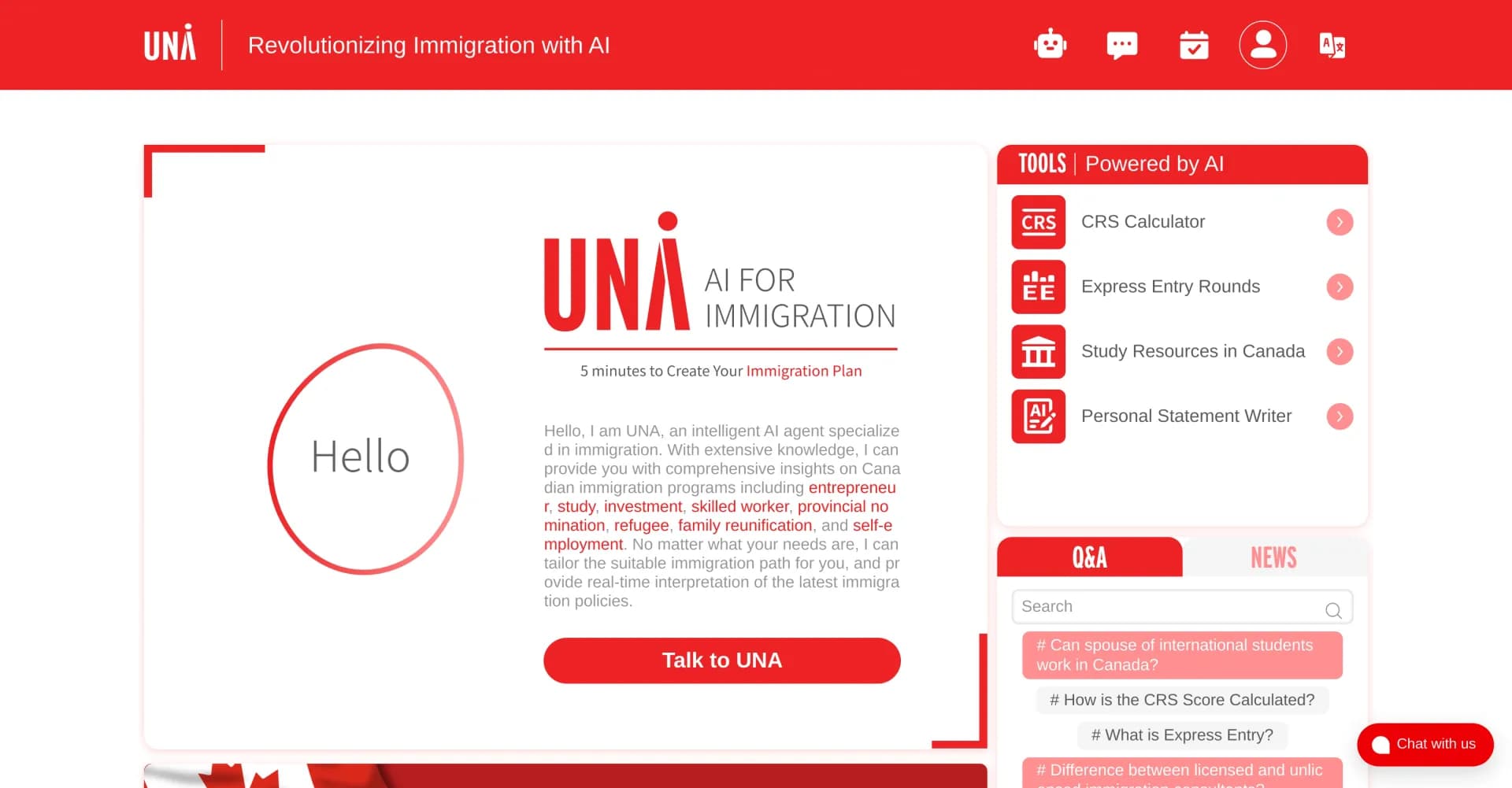 UNA homepage screenshot — AI-powered insights for Canadian immigration