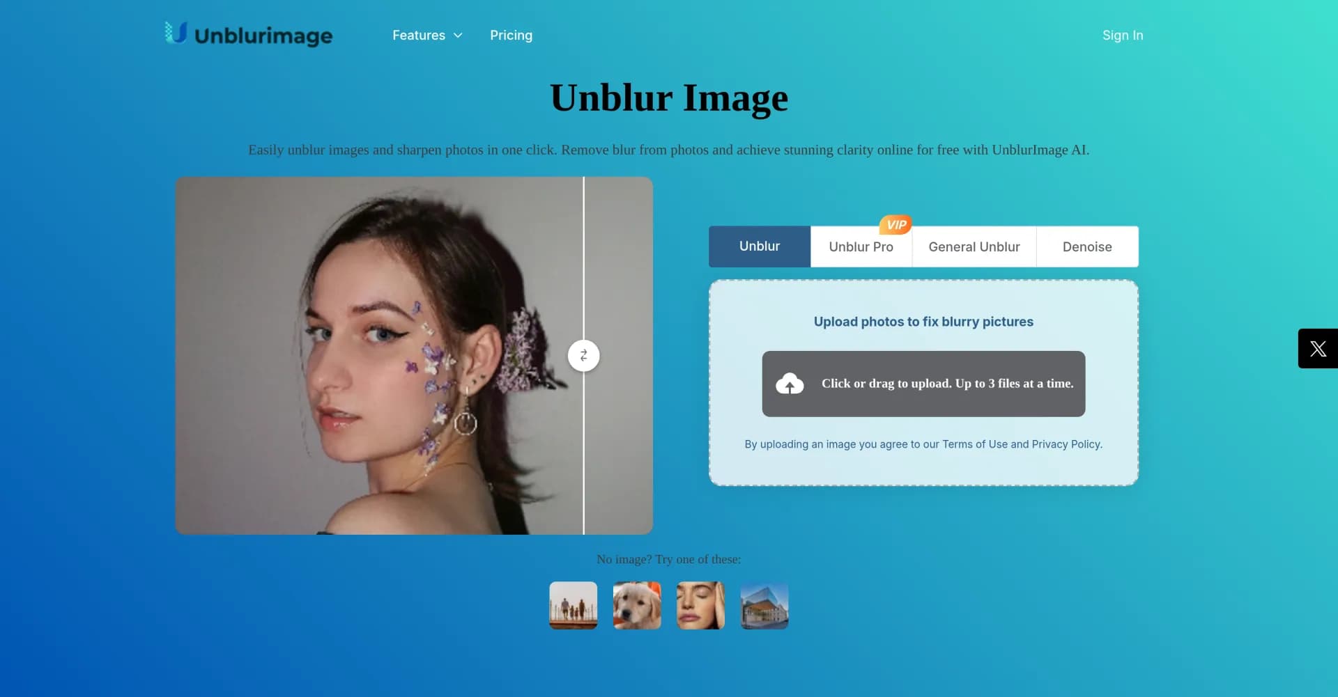 UnblurImage AI homepage screenshot — Easily unblur images and sharpen photos in one click.