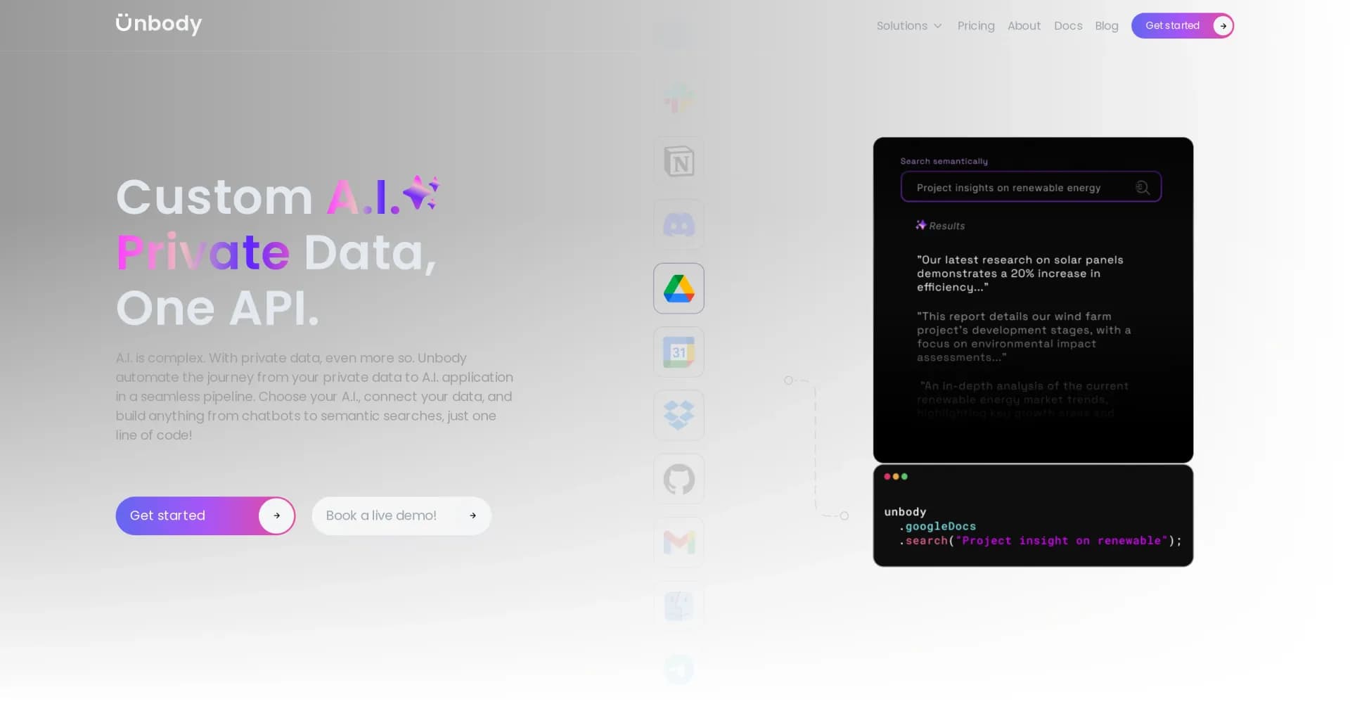 Unbody homepage screenshot — Custom AI with private data, one API