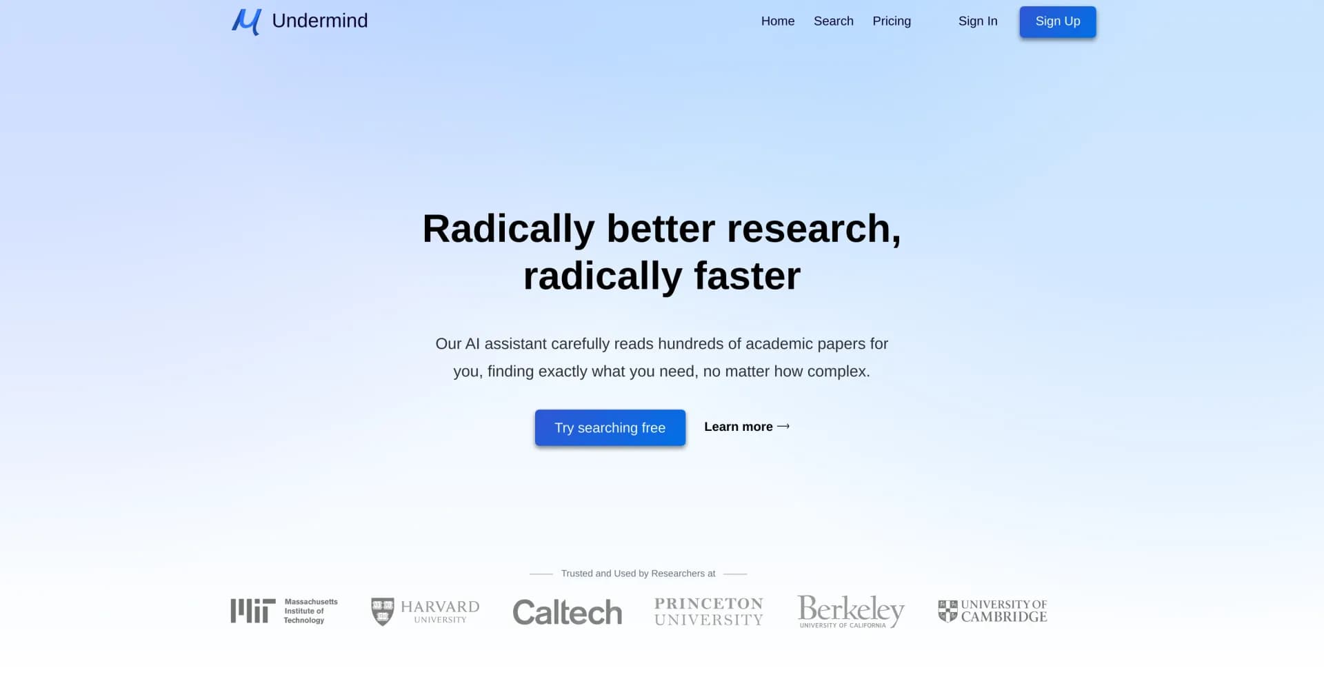 Undermind homepage screenshot — AI research assistant reads papers for you.