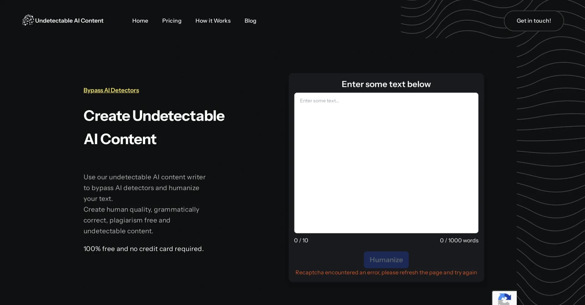 Undetectable AI Content homepage screenshot — Bypass AI detectors with human-like content.
