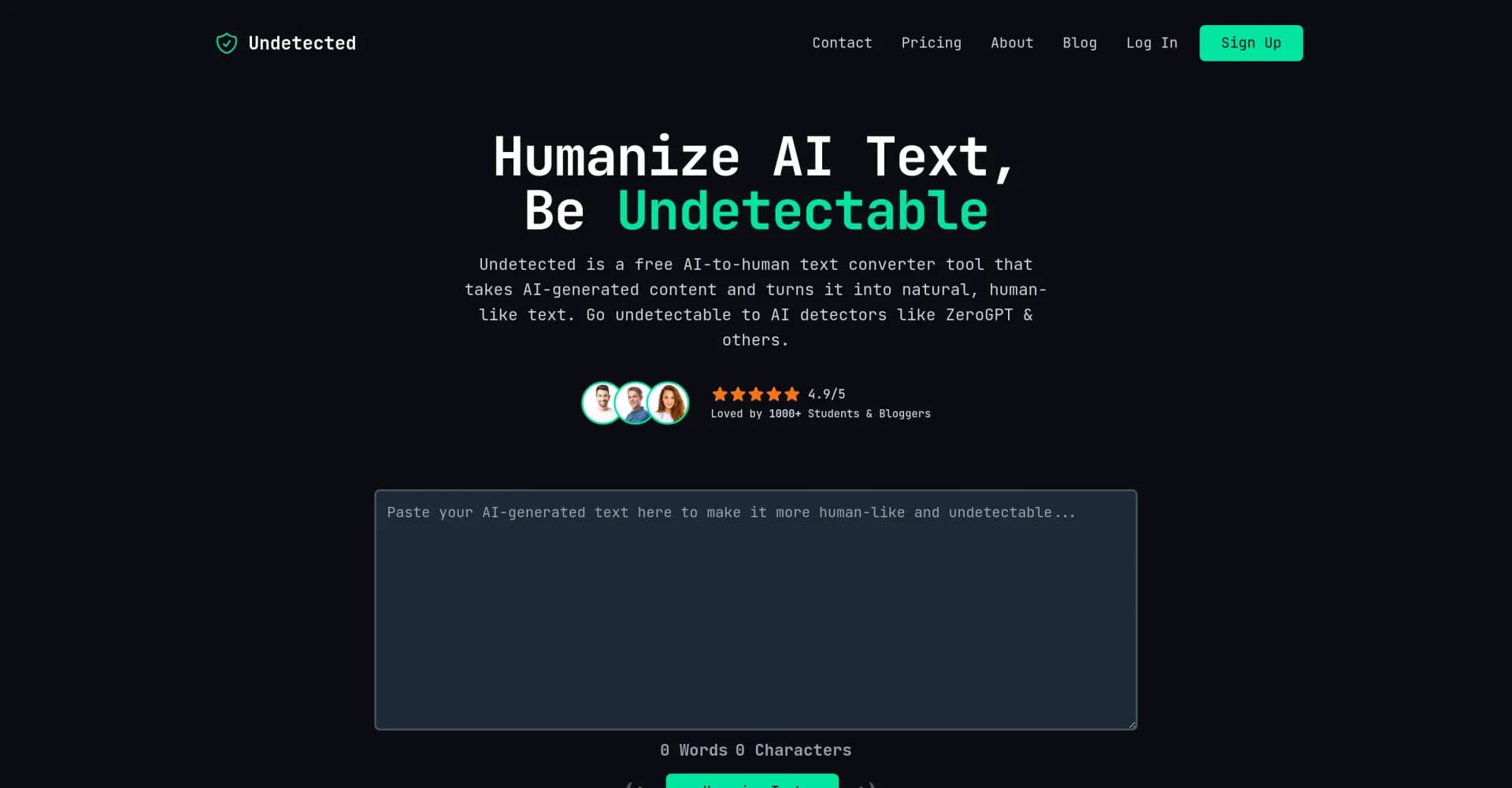 Undetected homepage screenshot — Turn AI text into undetectable human-like content.