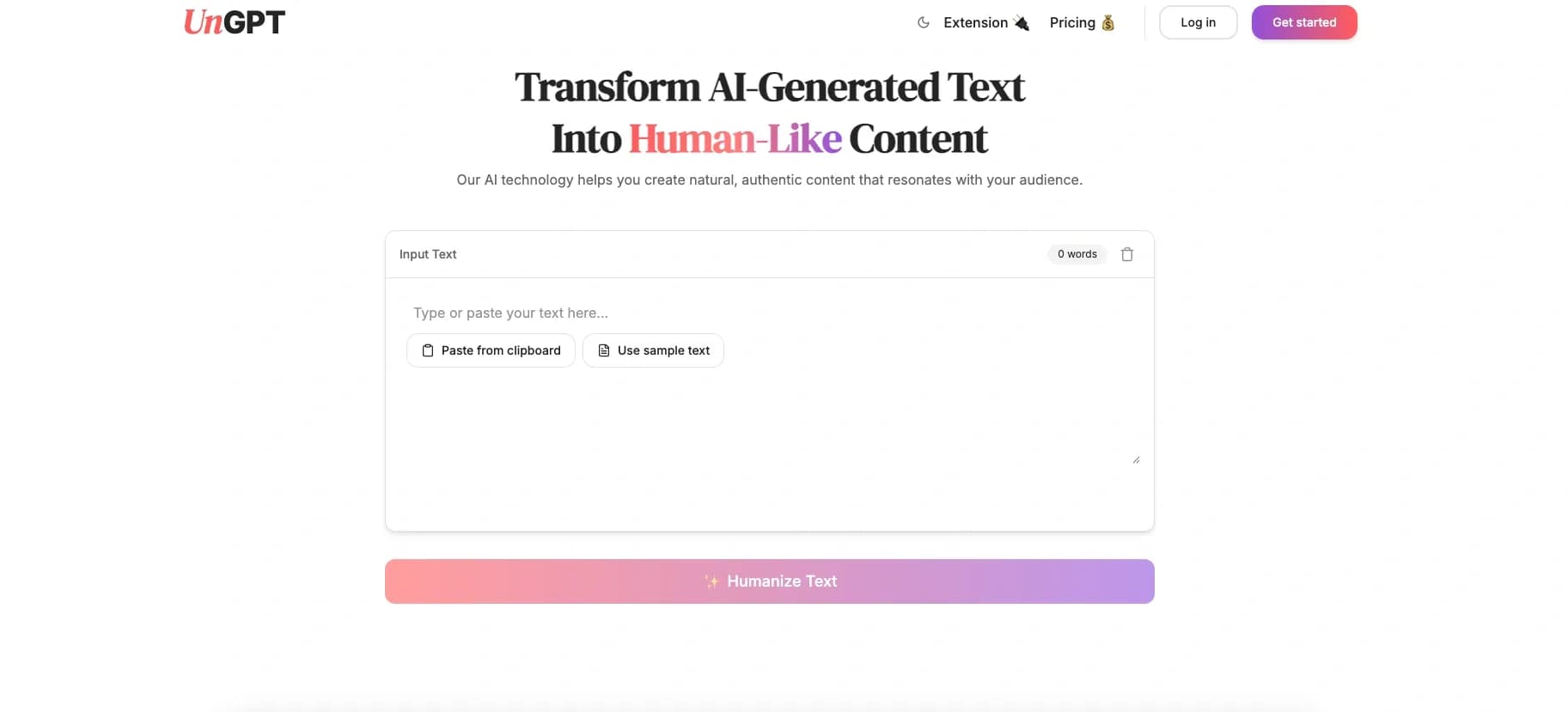 UnGPT homepage screenshot — Transform AI text into human-like content