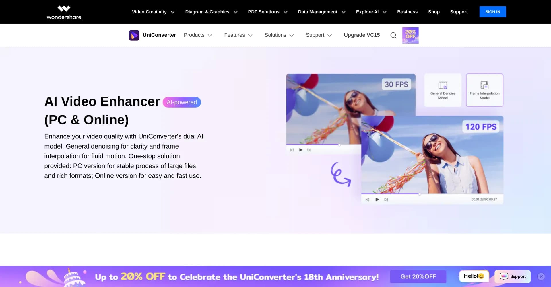 Uniconverter AI Video Enhancer homepage screenshot — Enhance video quality to 4K with AI