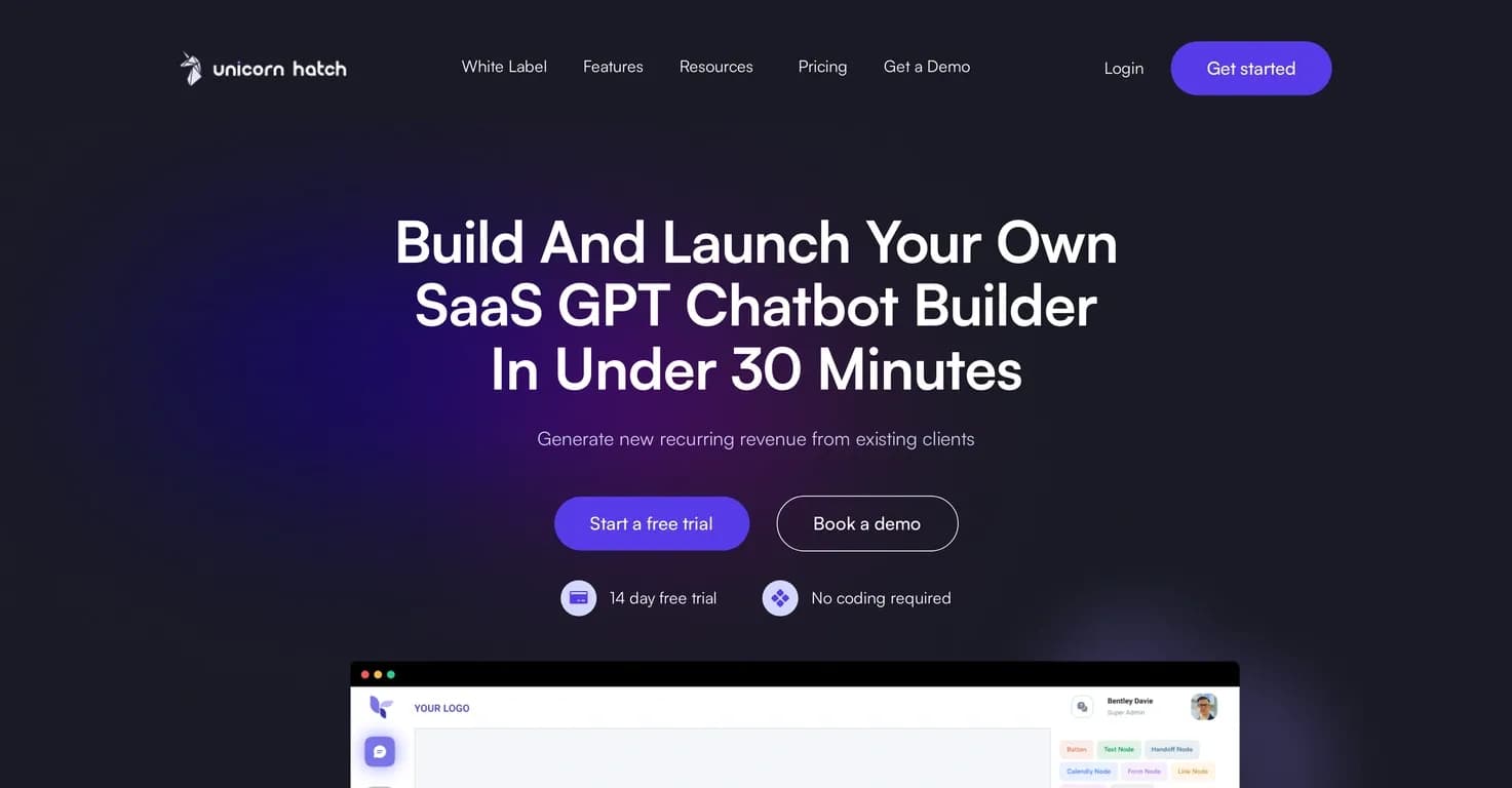 Unicorn Hatch homepage screenshot — Build and launch GPT chatbots in minutes.