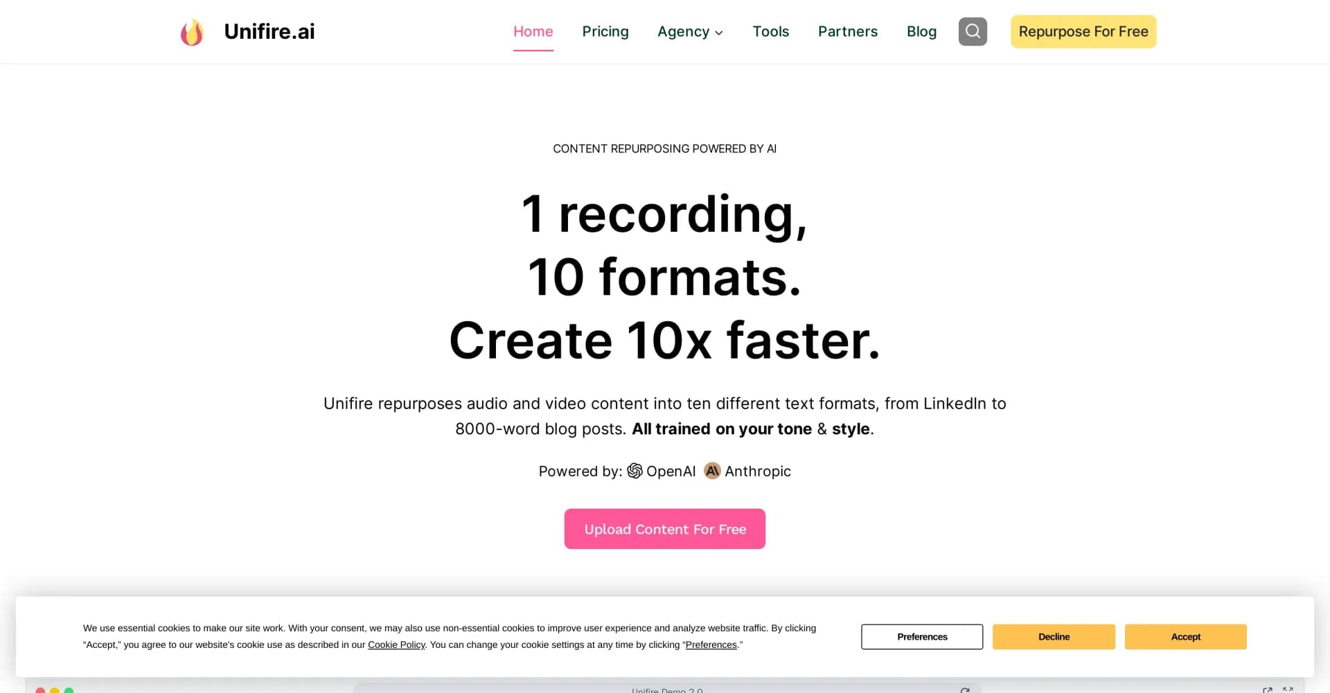 Unifire homepage screenshot — Repurpose content into 23 formats 10x faster with AI