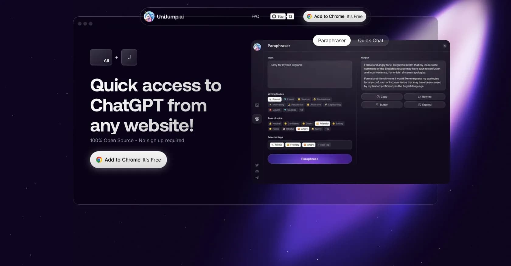 UniJump homepage screenshot — Quick ChatGPT access from any website