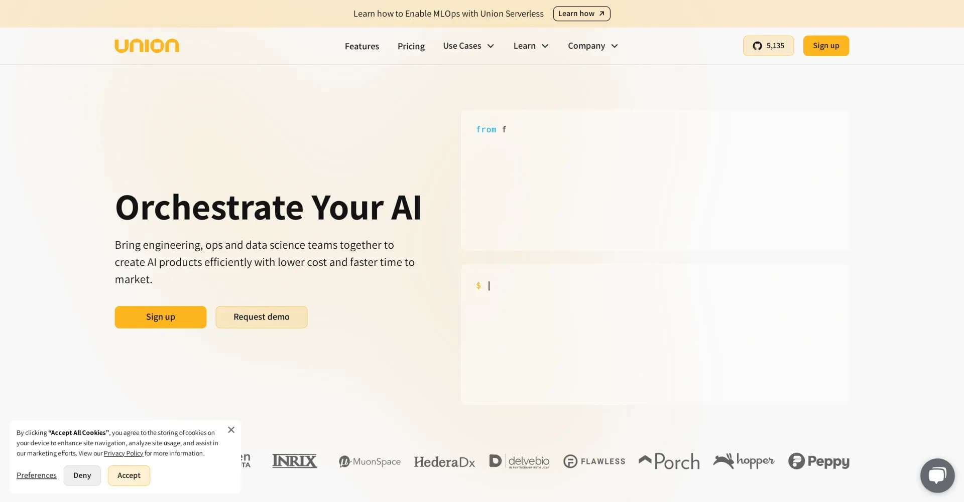 UnionAI homepage screenshot — Converge and simplify AI, data, and analytics workflows.