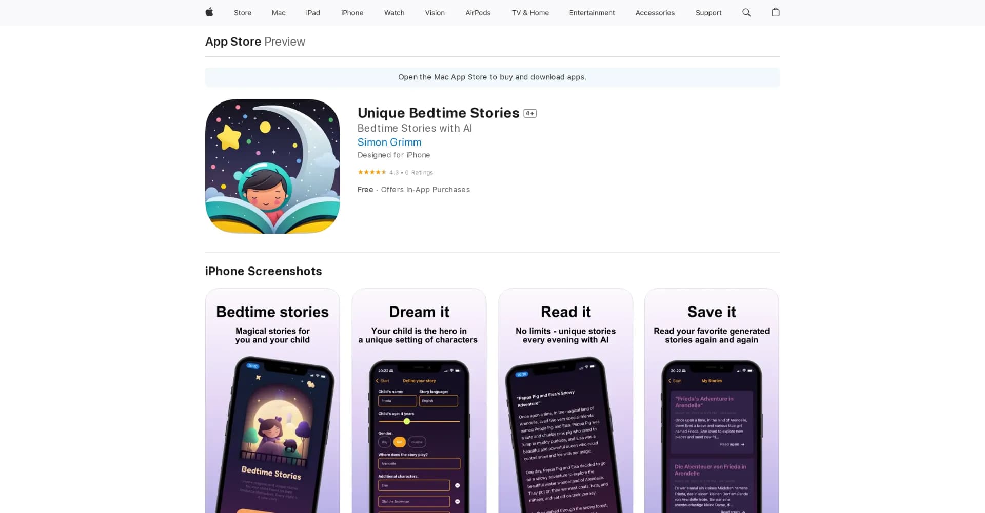 Unique Bedtime Stories homepage screenshot — AI-powered bedtime stories for unique family moments.