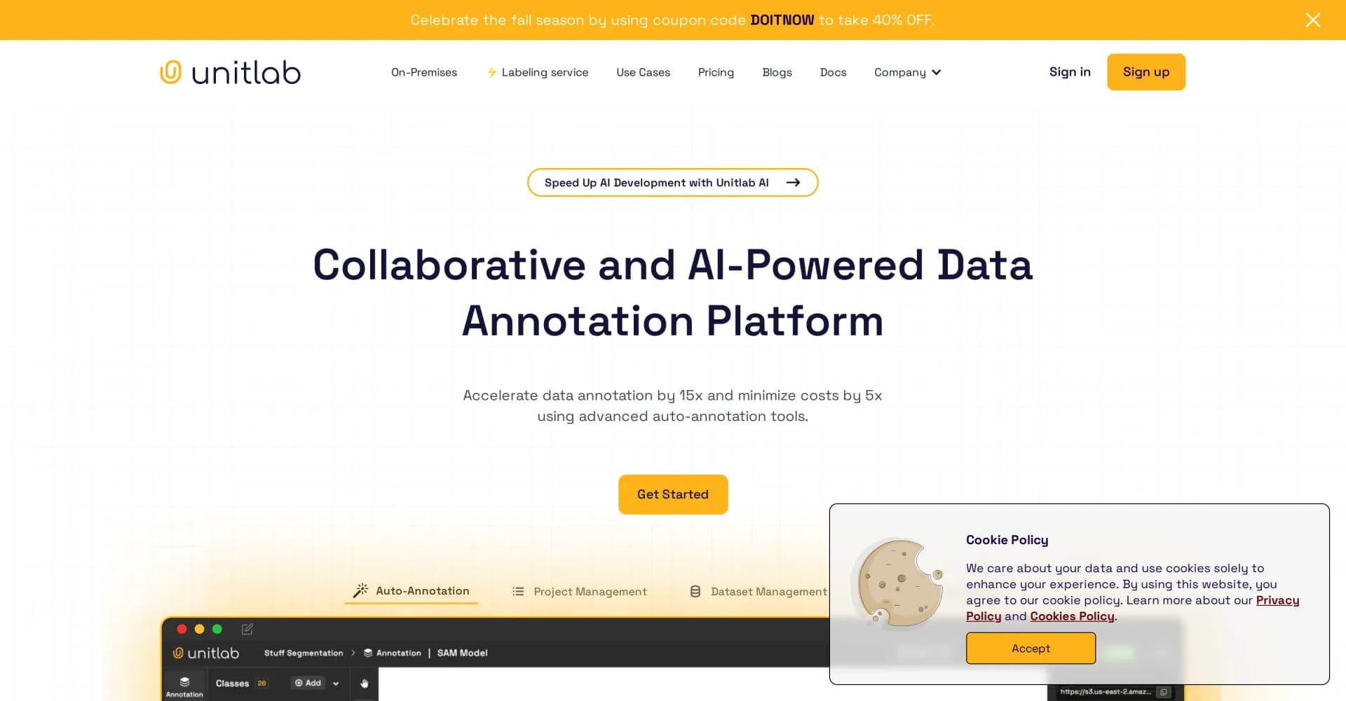 Unitlab Annotate homepage screenshot — 15x faster data annotation with AI-powered tools