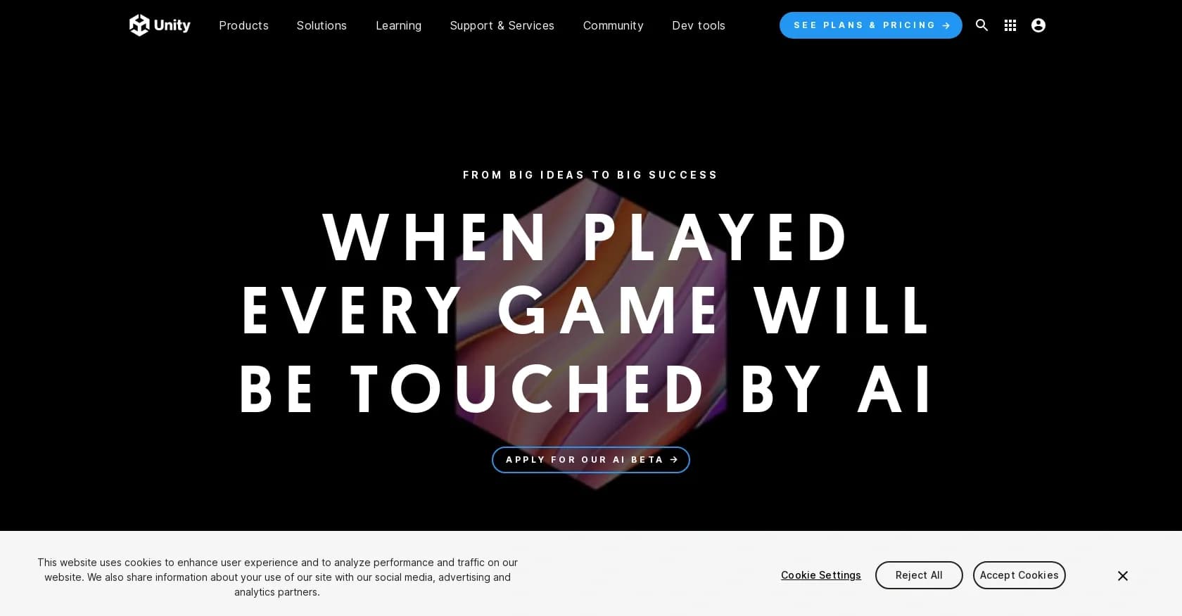 Unity homepage screenshot — Create incredible experiences with real-time 3D AI