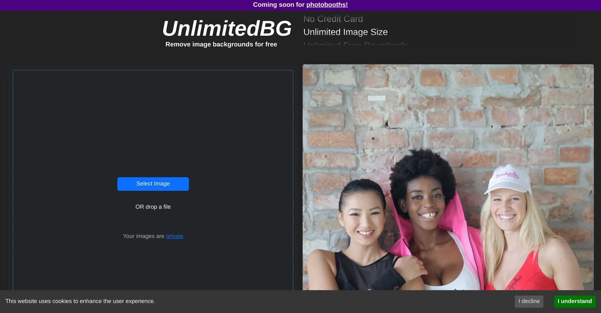 Unlimitedbg homepage screenshot — Automatically remove photo backgrounds, unlimited and offlin