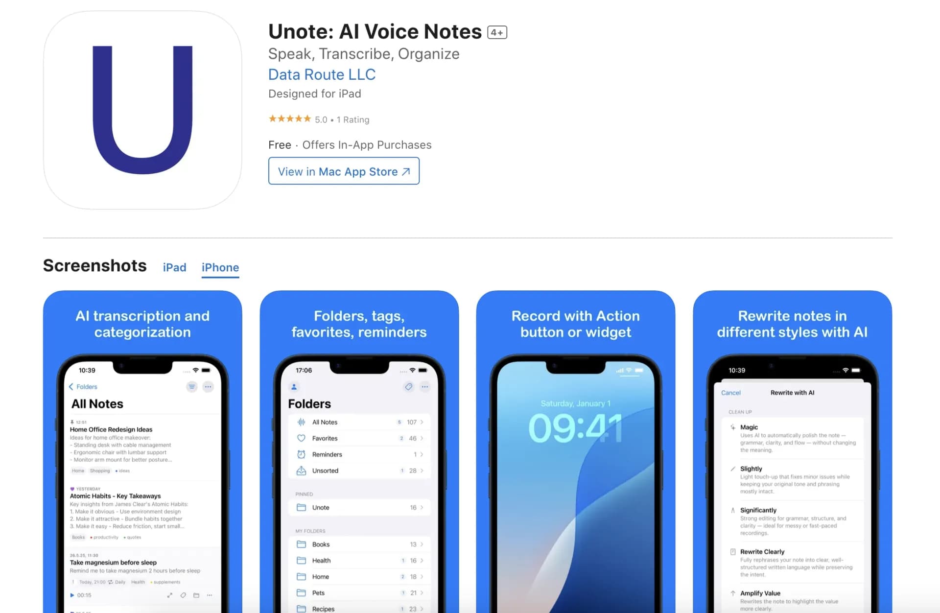 Unote: AI Voice Notes homepage screenshot — Transform voice into organized thoughts with AI.