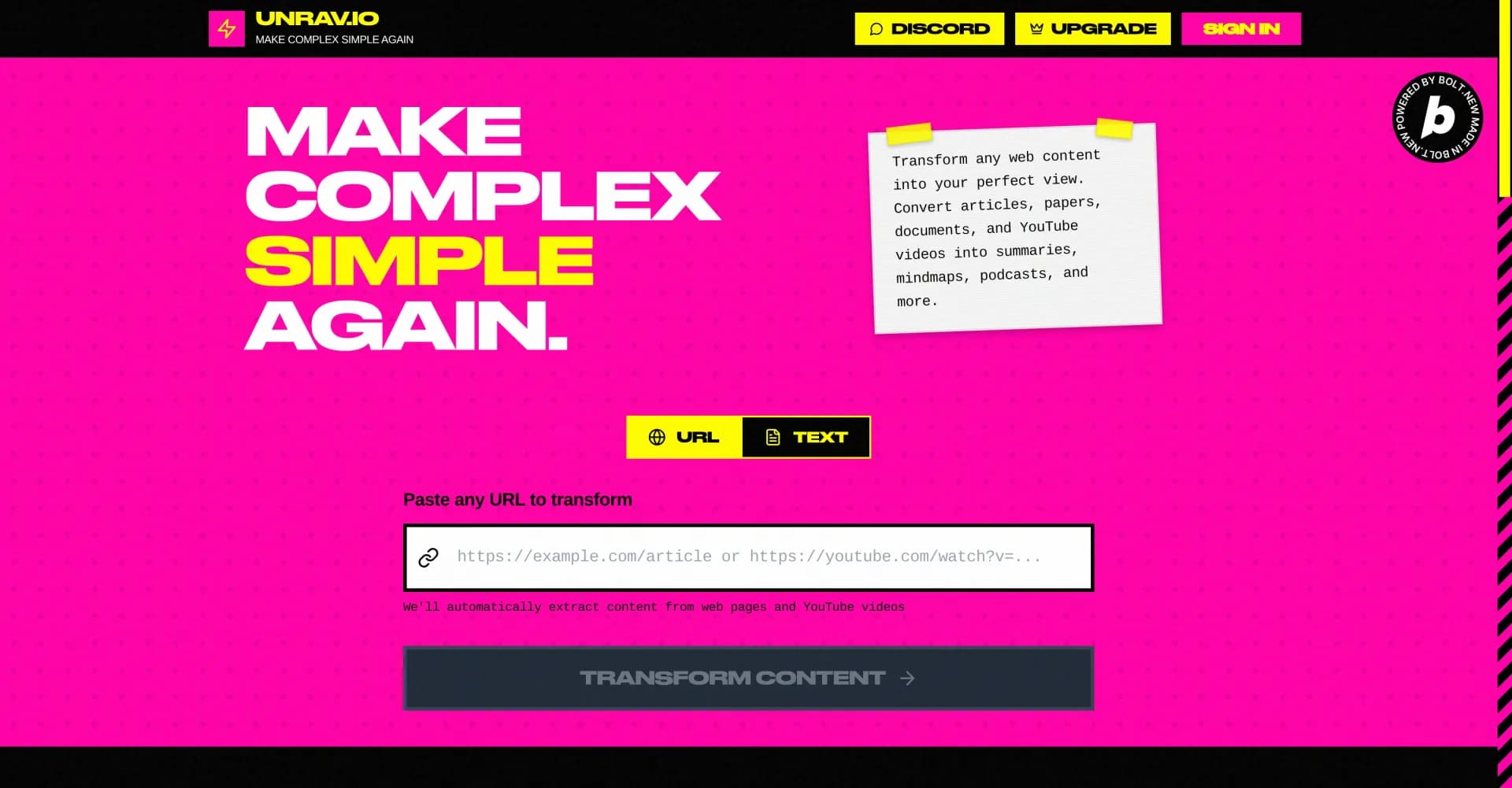 unrav.io homepage screenshot — Make complex simple again