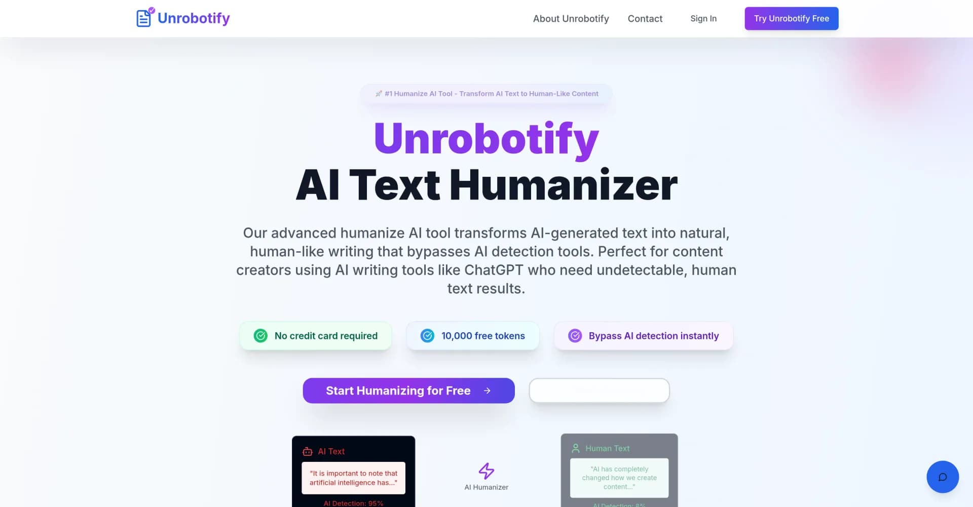 Unrobotifyv1.1 homepage screenshot — Transform AI text into natural human writing.