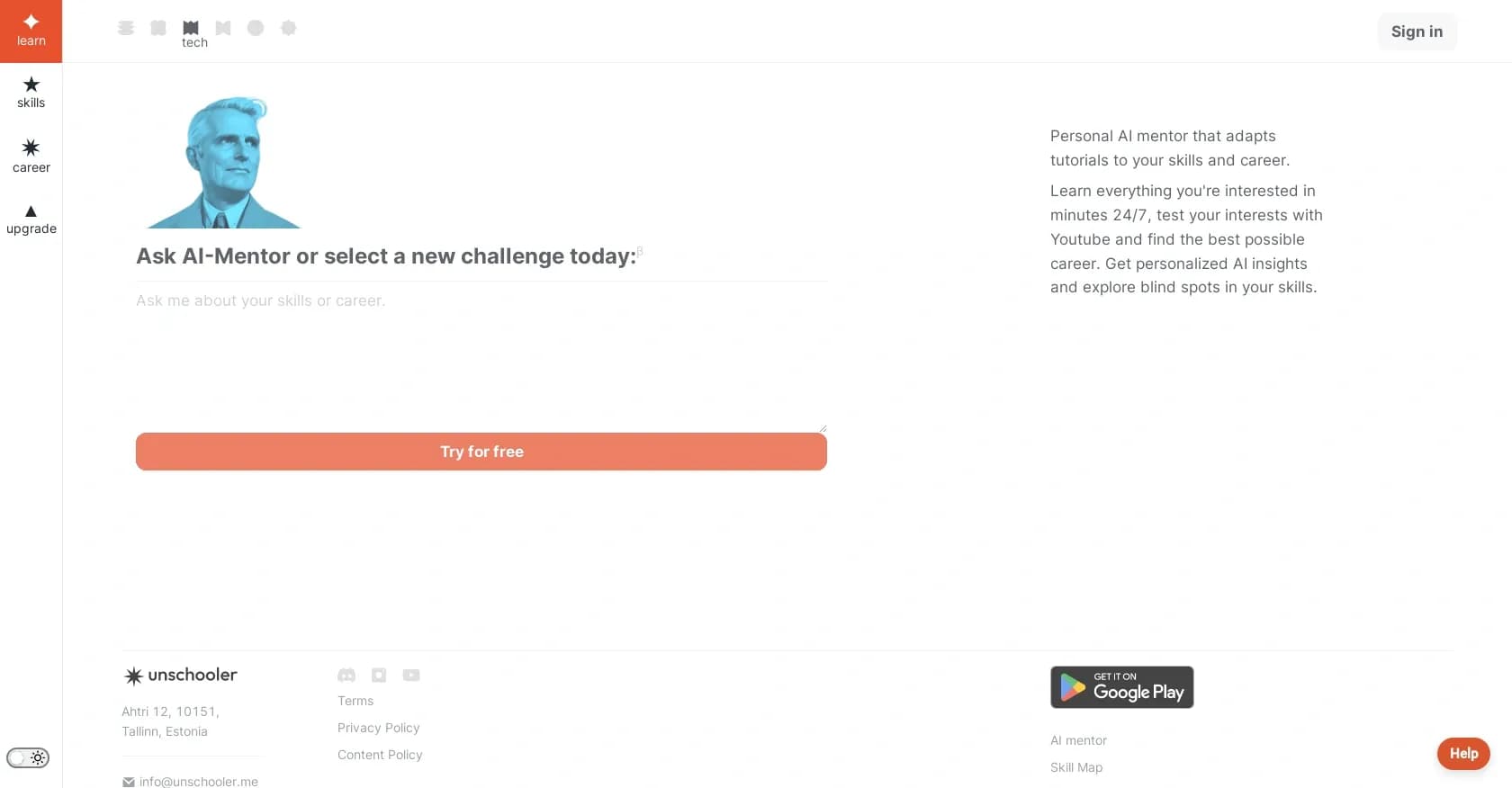 Unschooler homepage screenshot — AI mentor for personalized career guidance and skill develop