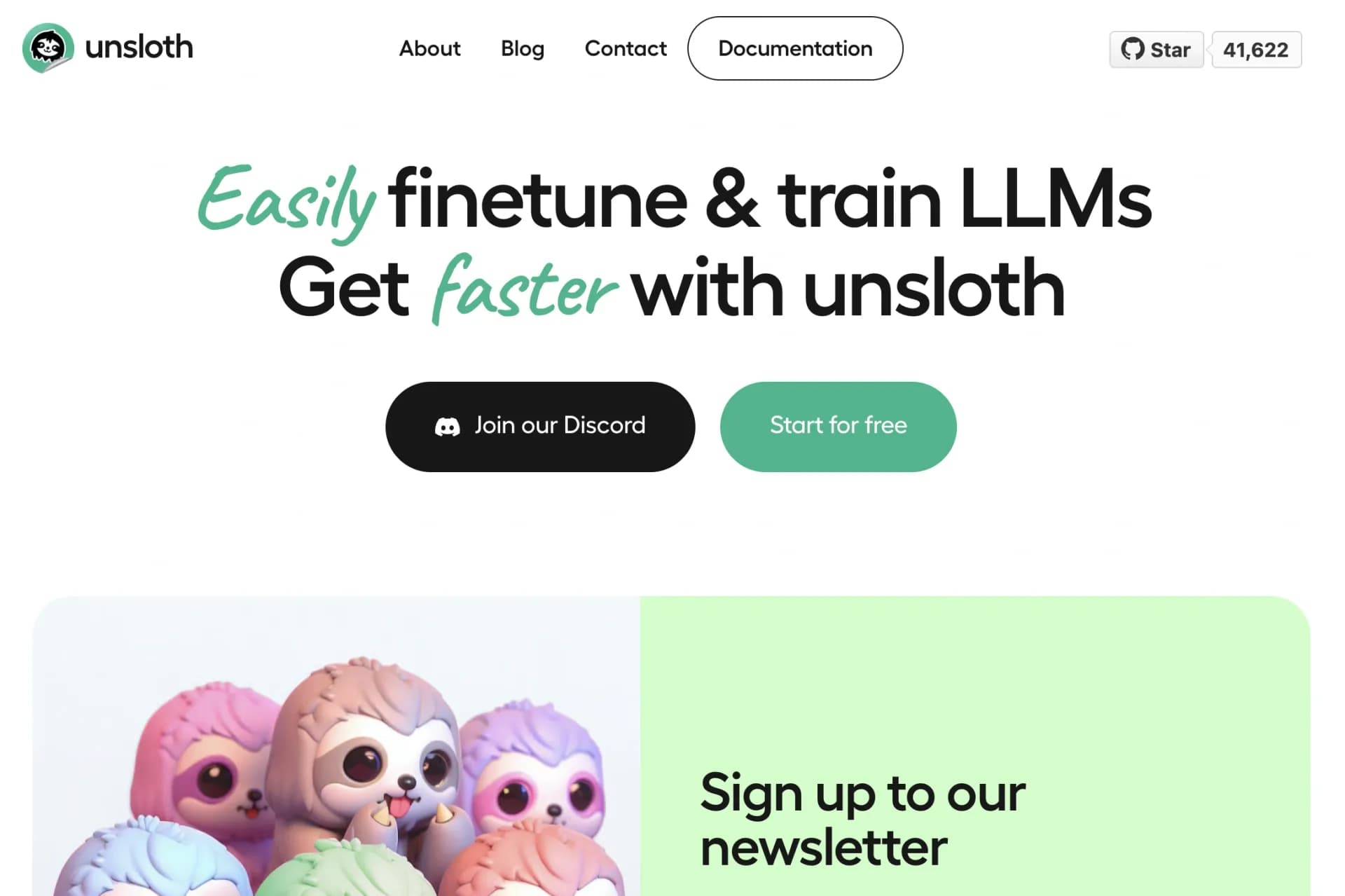 Unsloth AI homepage screenshot — Open-source fine-tuning & reinforcement learning of TTS & LL
