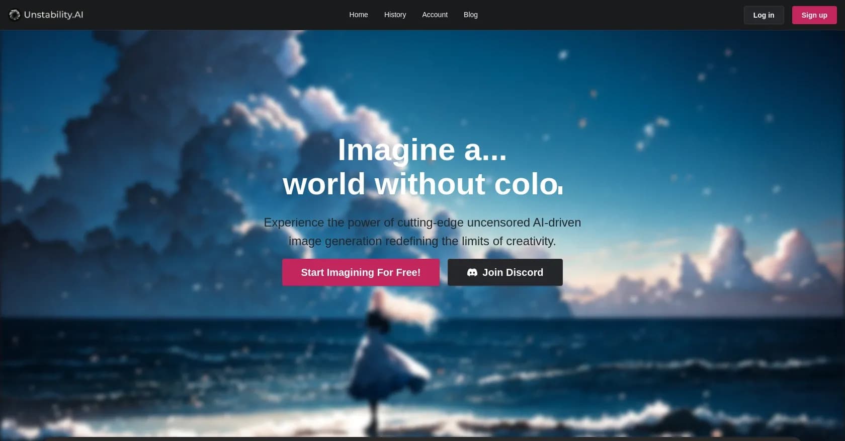Unstable Diffusion homepage screenshot — Generate uncensored AI images from your imagination.