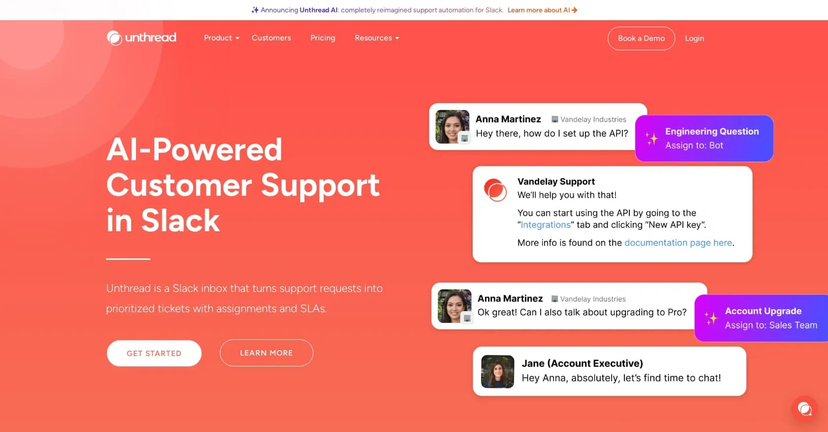 Unthread homepage screenshot — AI-powered customer support in Slack