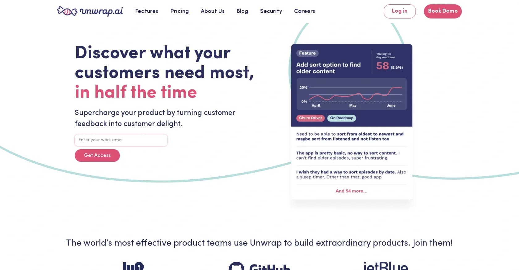Unwrap homepage screenshot — Turn customer feedback into product delight.
