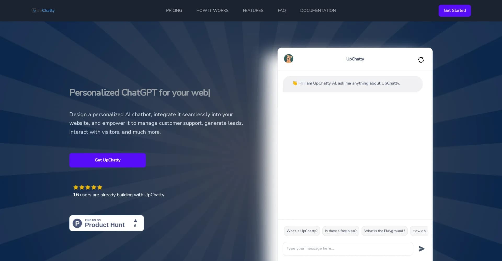 UpChatty homepage screenshot — Personalized AI chatbot for your website