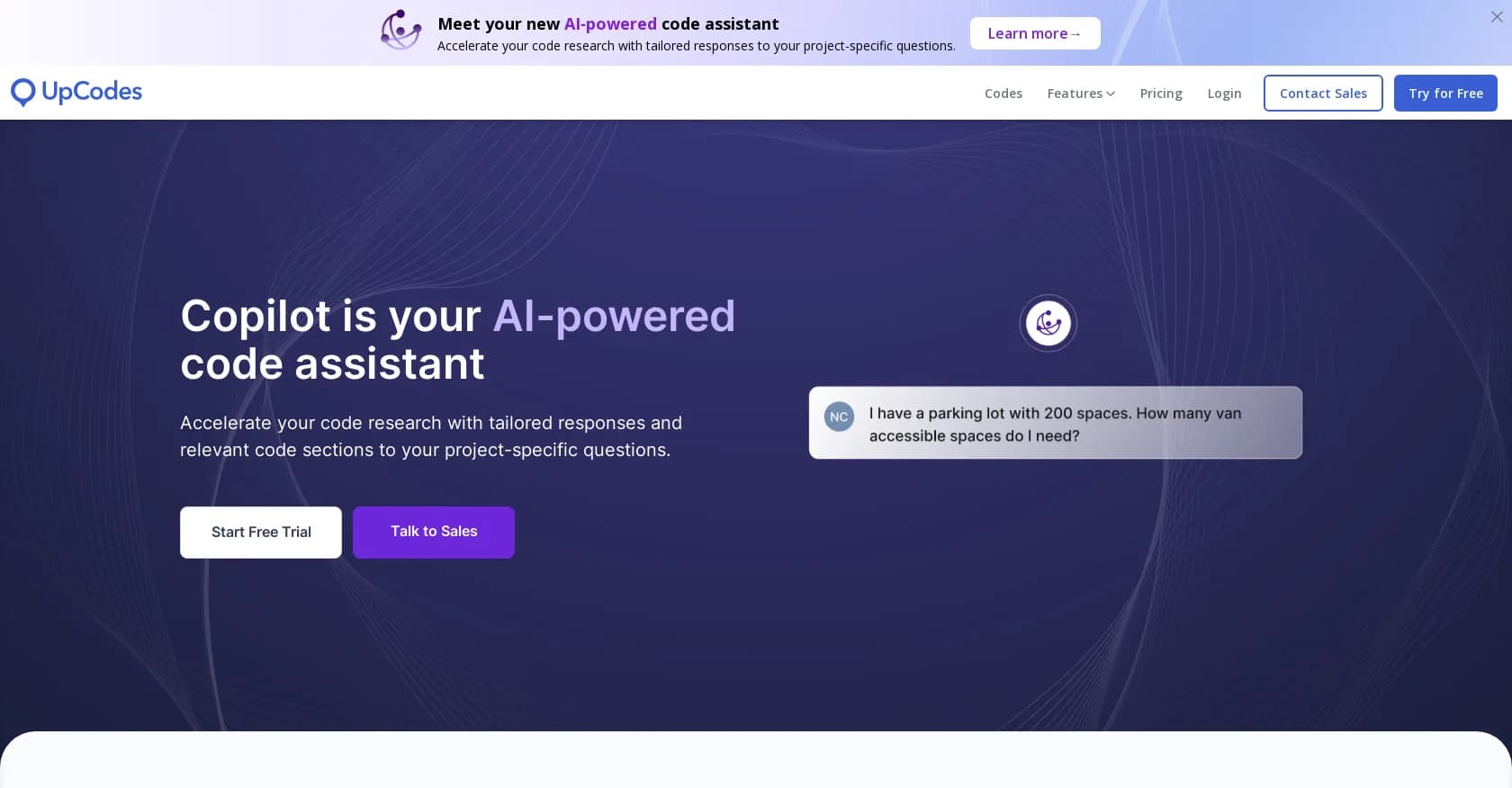UpCodes homepage screenshot — AI-powered code assistant for construction regulations