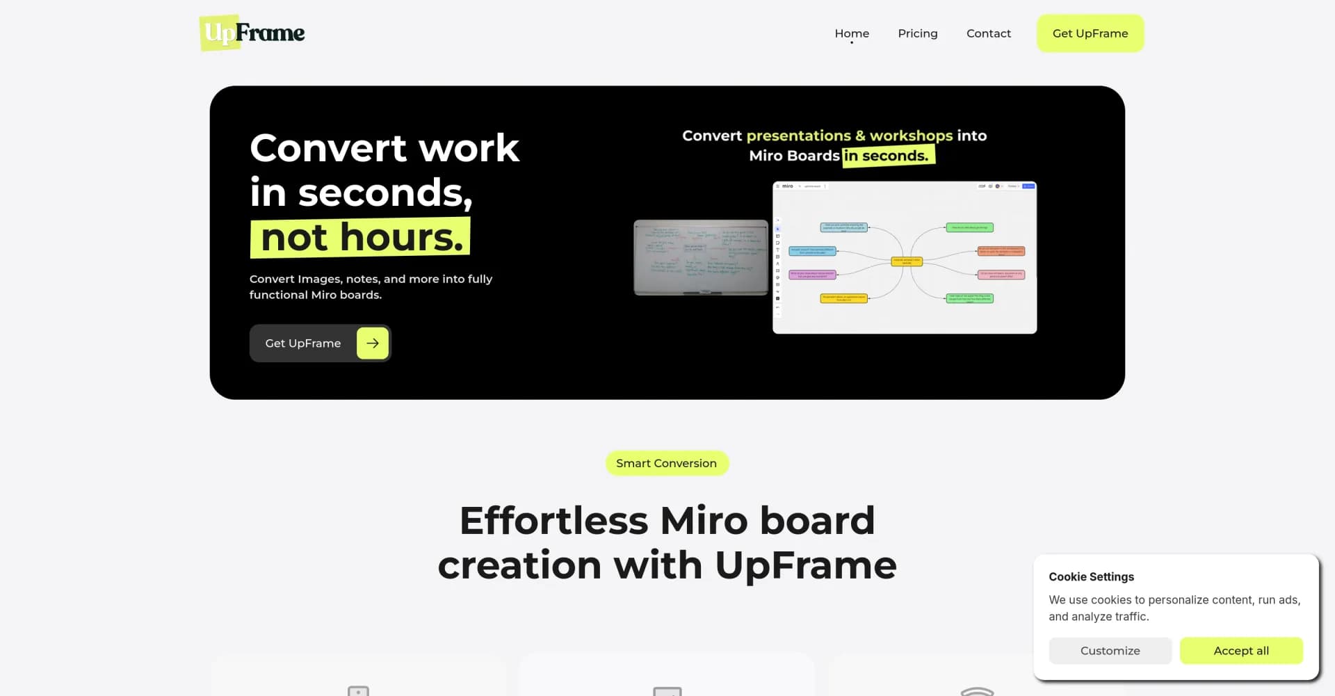 UpFrame homepage screenshot — Convert images to Miro boards instantly.