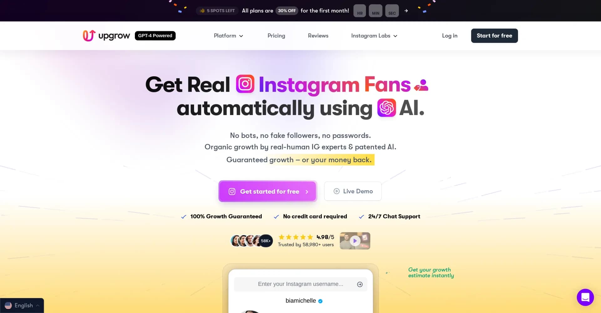 UpGrow homepage screenshot — AI-powered Instagram growth for real followers