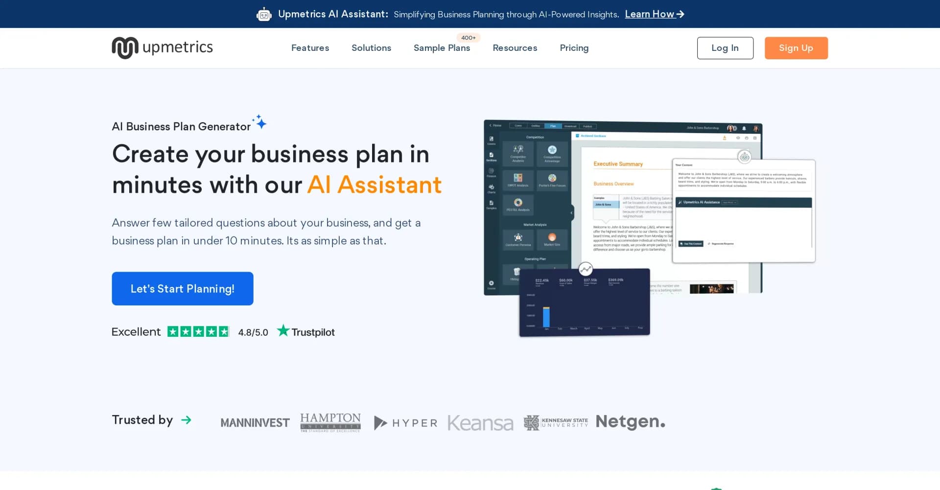 Upmetrics AI homepage screenshot — Create investor-ready business plans in minutes