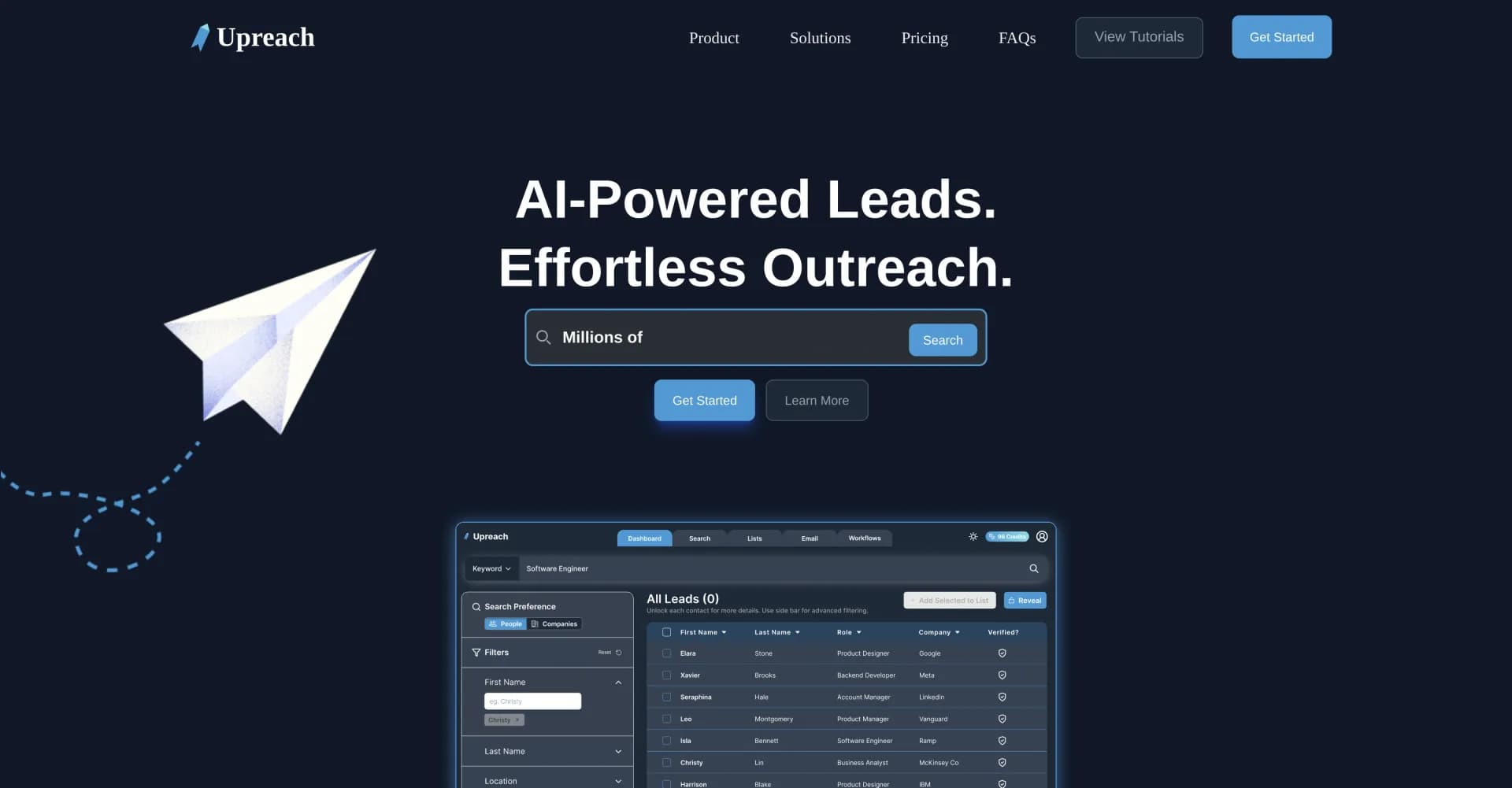 Upreach homepage screenshot — AI-powered lead generation made simple.
