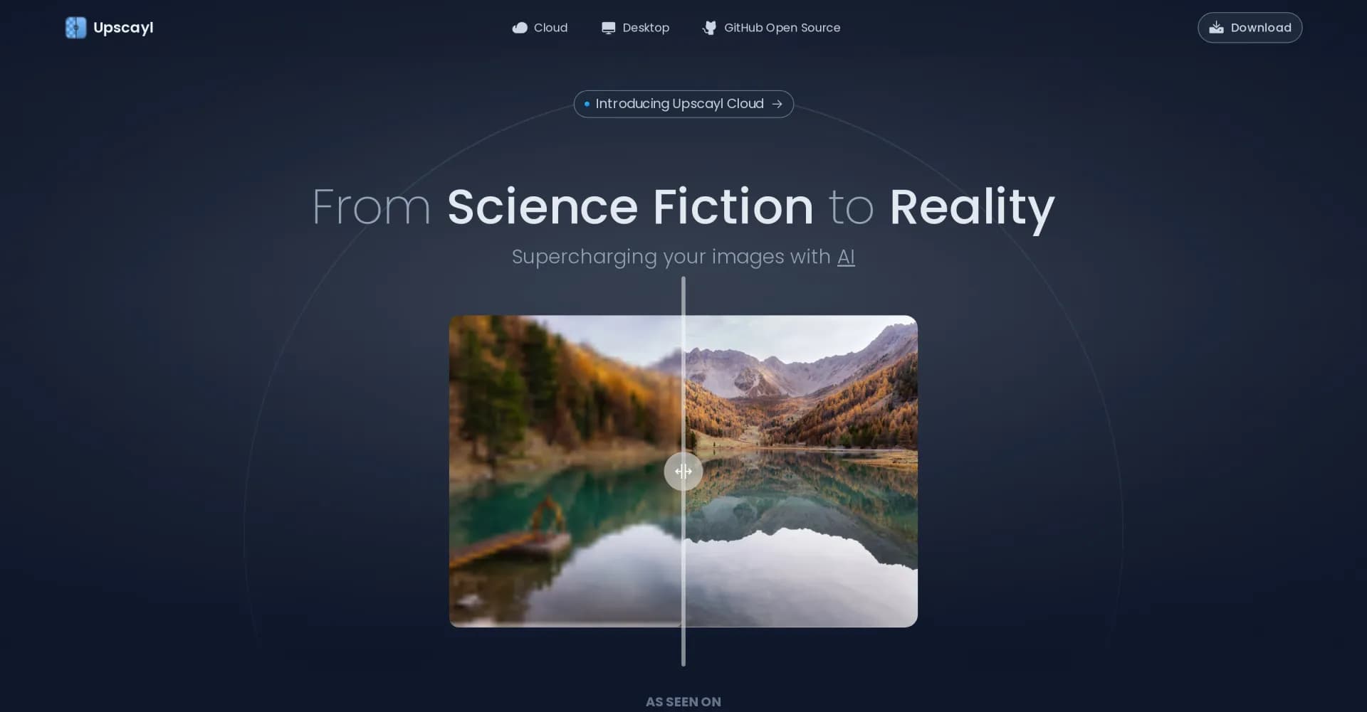 Upscayl homepage screenshot — Enhance images with free, open-source AI upscaling.