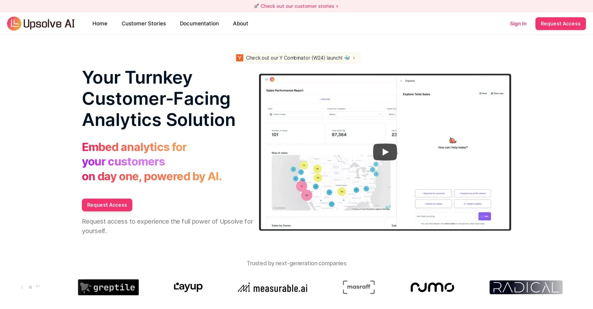 Upsolve AI homepage screenshot — Embed AI-powered analytics for customers instantly.