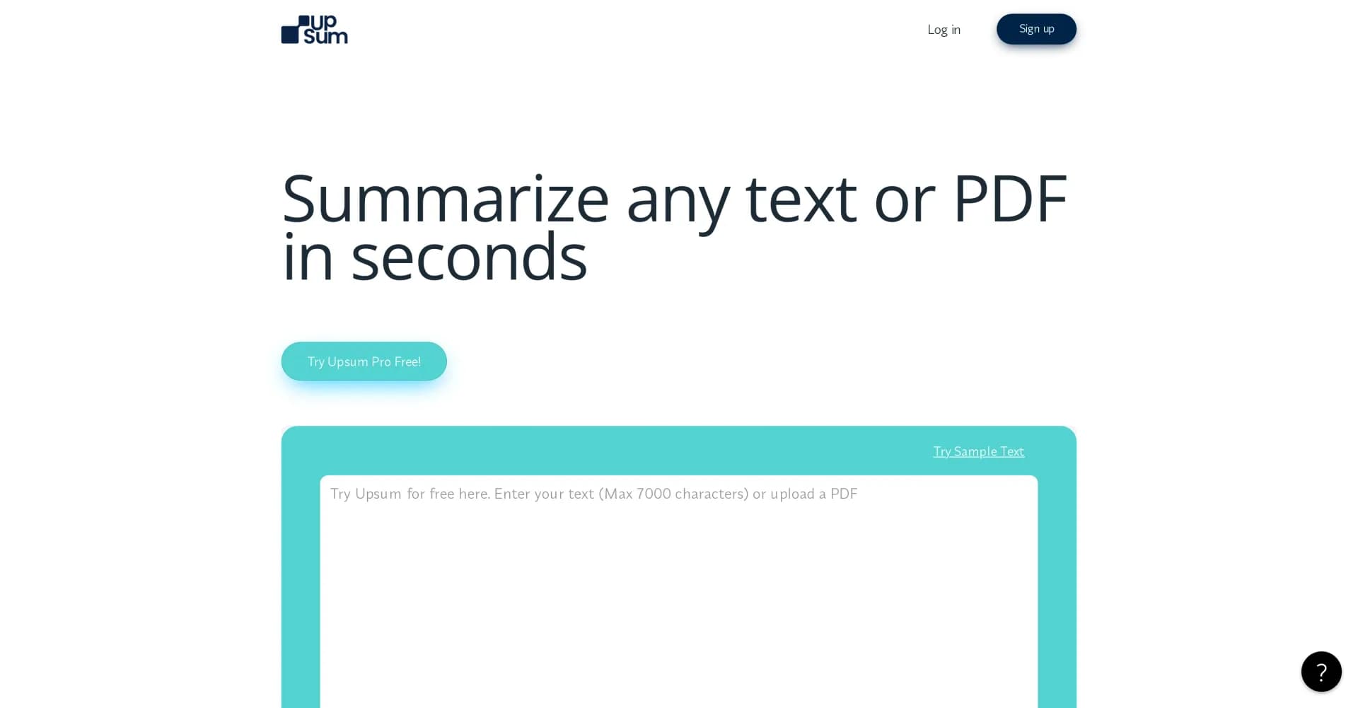UpSum homepage screenshot — Summarize any text or PDF in seconds