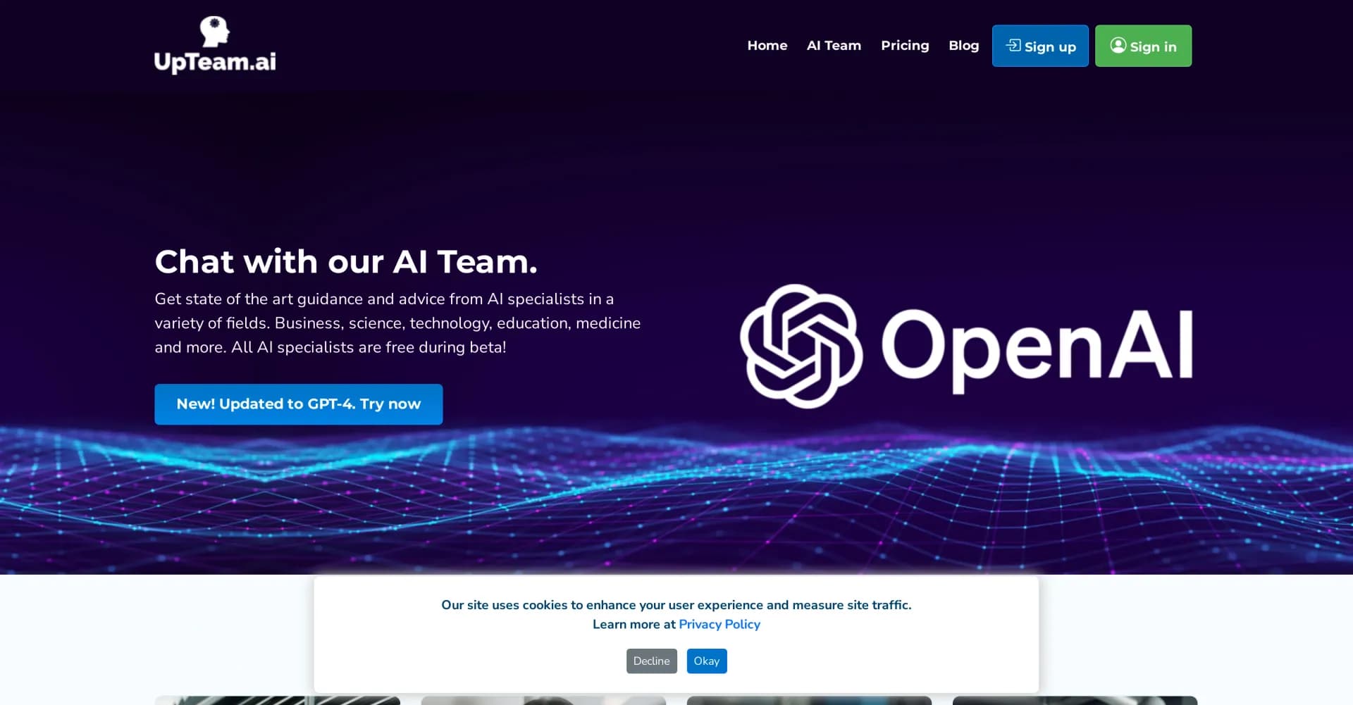 UpTeam homepage screenshot — Expert AI guidance across diverse fields.