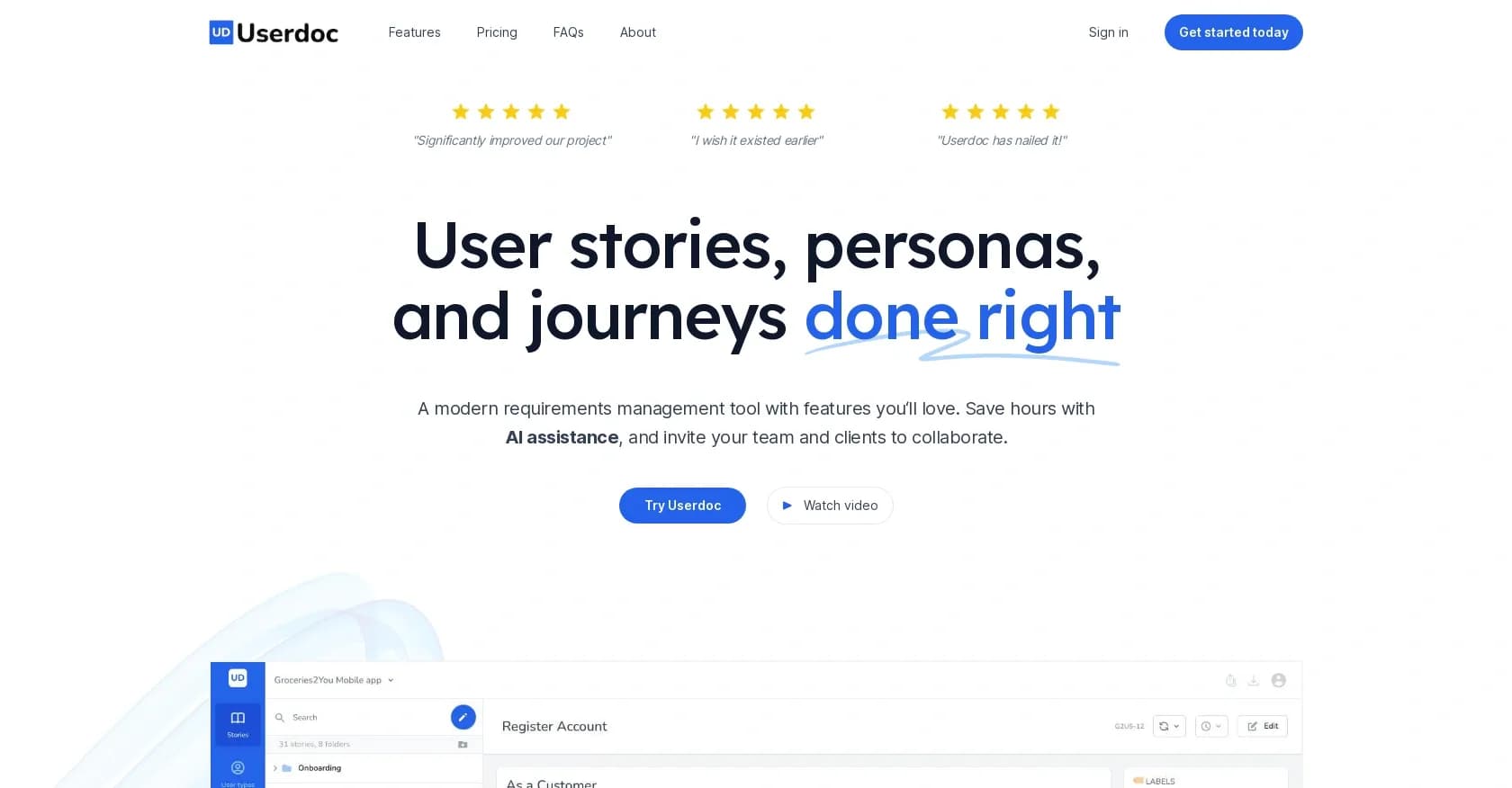 Userdoc homepage screenshot — Streamline requirements management with AI-powered collabora