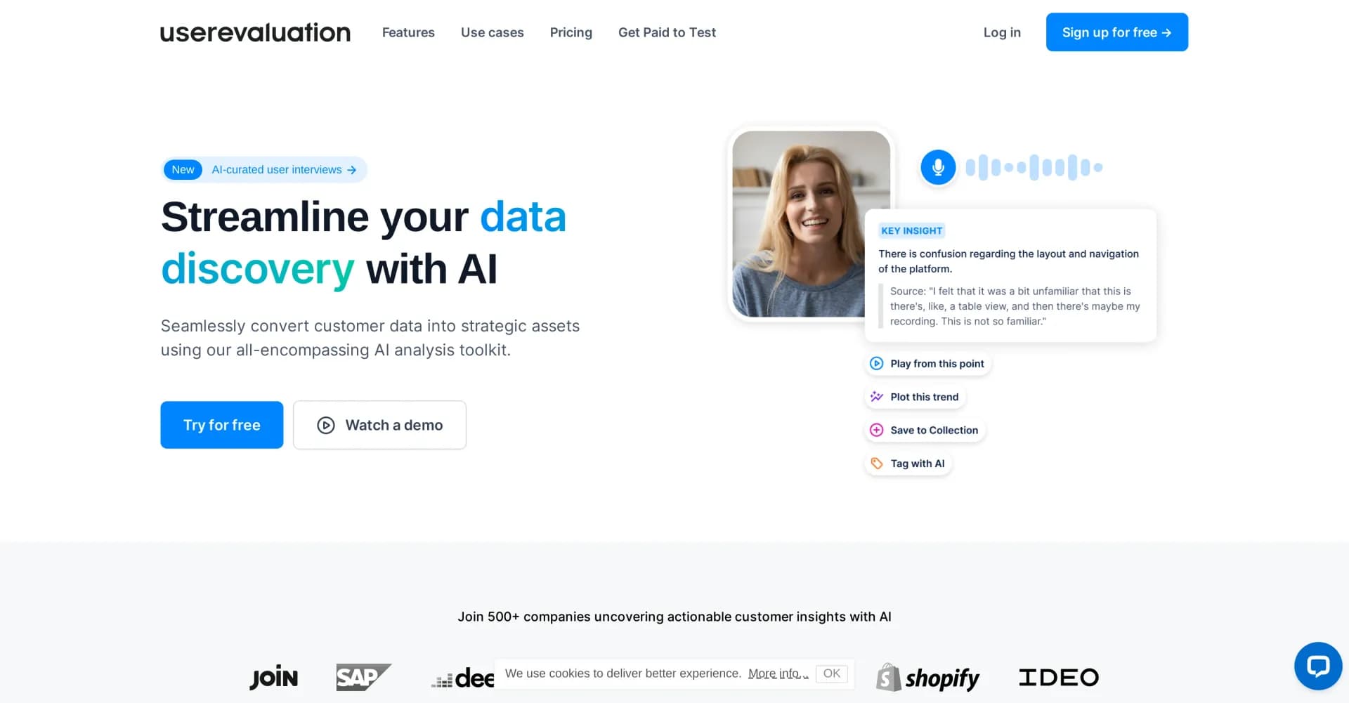 User Evaluation homepage screenshot — Streamline your data discovery with AI