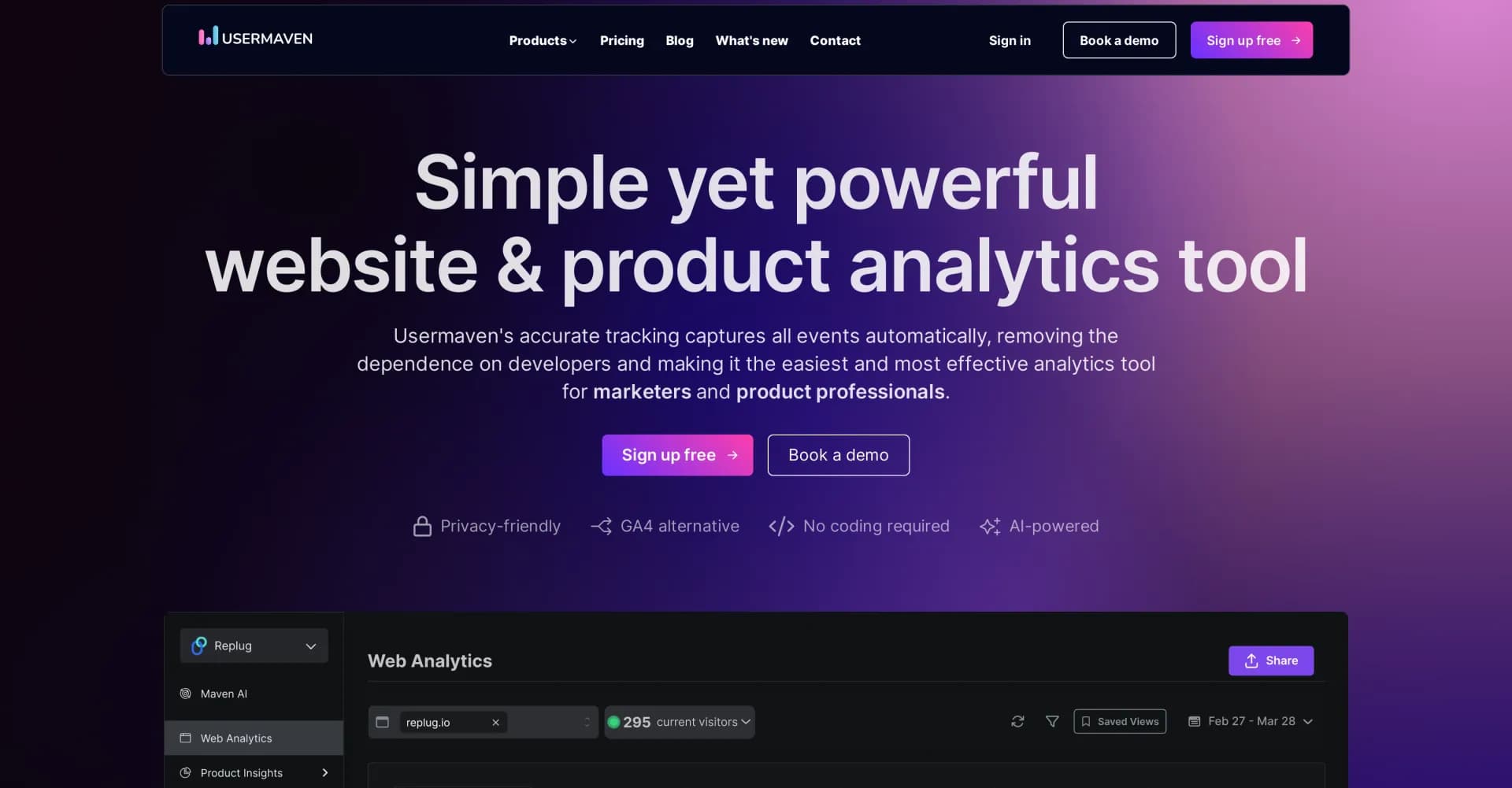 Usermaven homepage screenshot — Effortless insights: Analytics made simple and smart.