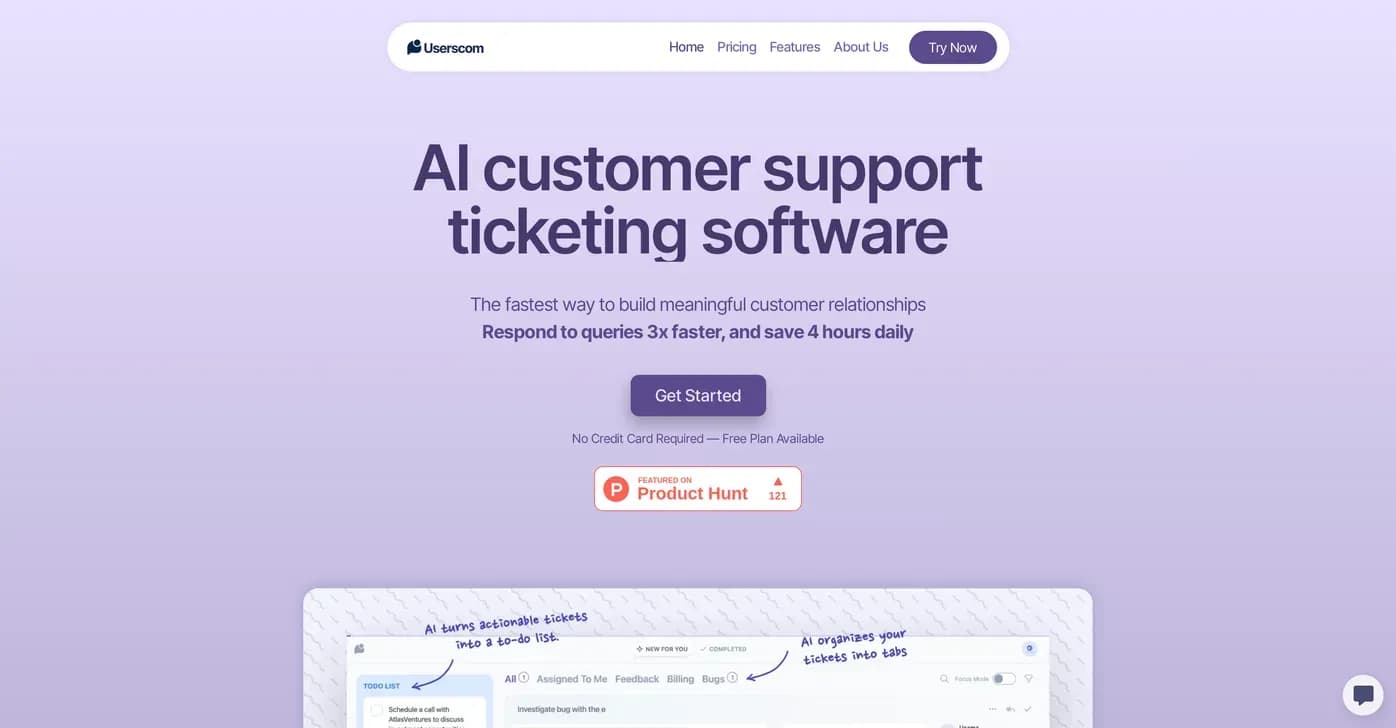 Userscom homepage screenshot — AI-powered ticketing: Build meaningful customer relationship