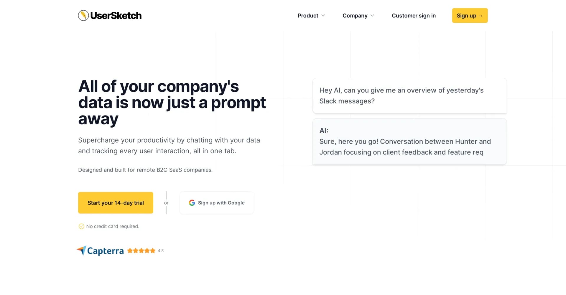 UserSketch homepage screenshot — Chat with your company's data in one tab.