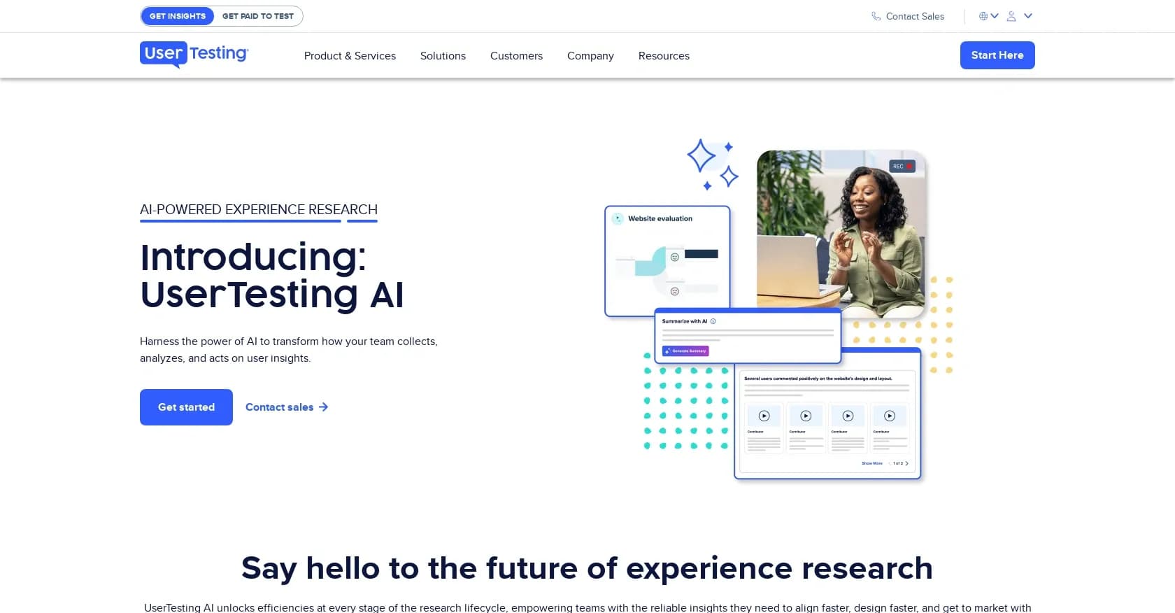 UserTesting homepage screenshot — Uncover hidden UX insights with AI-powered data analysis