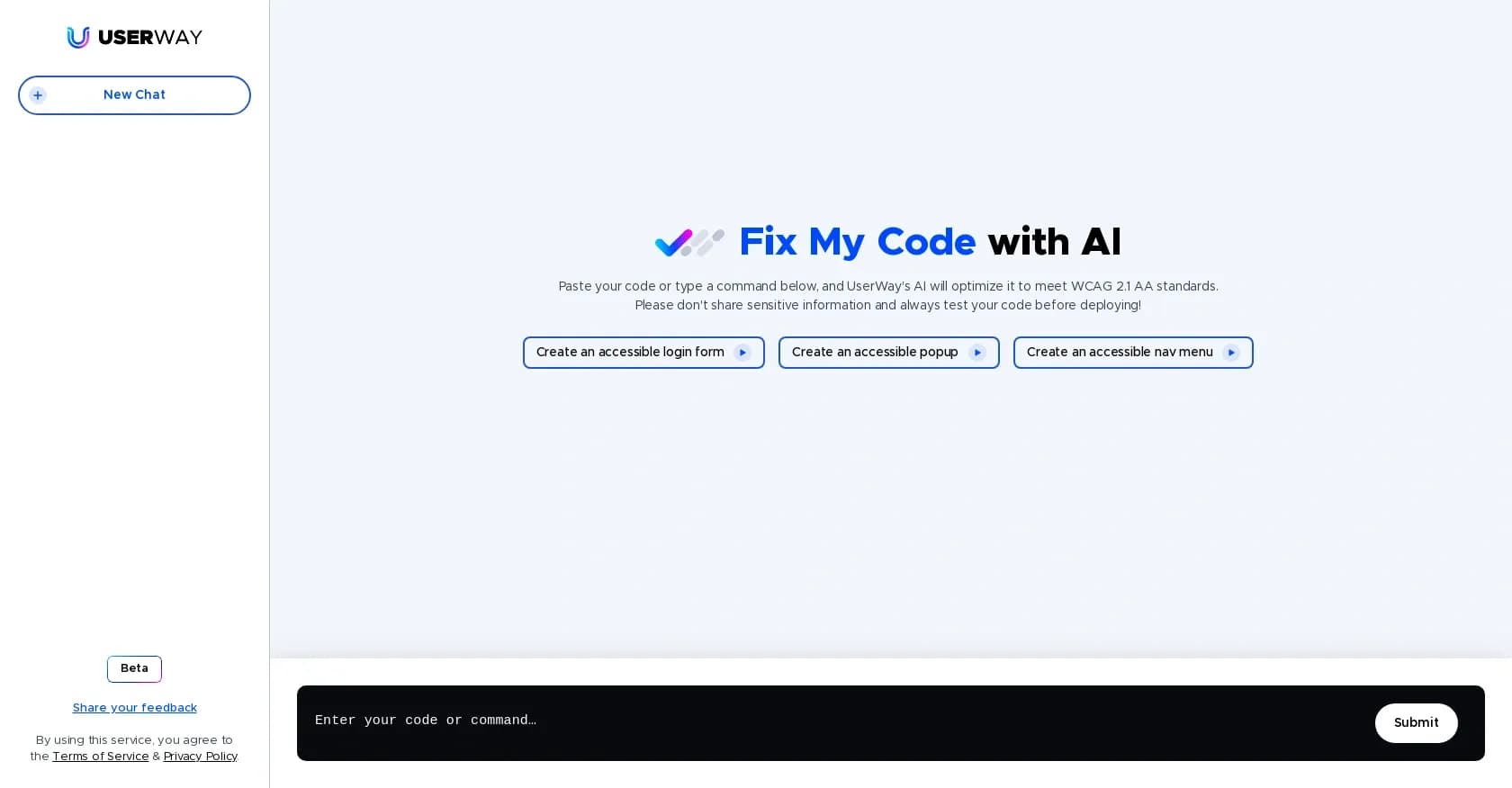 UserWay homepage screenshot — Optimized code for accessible web products.