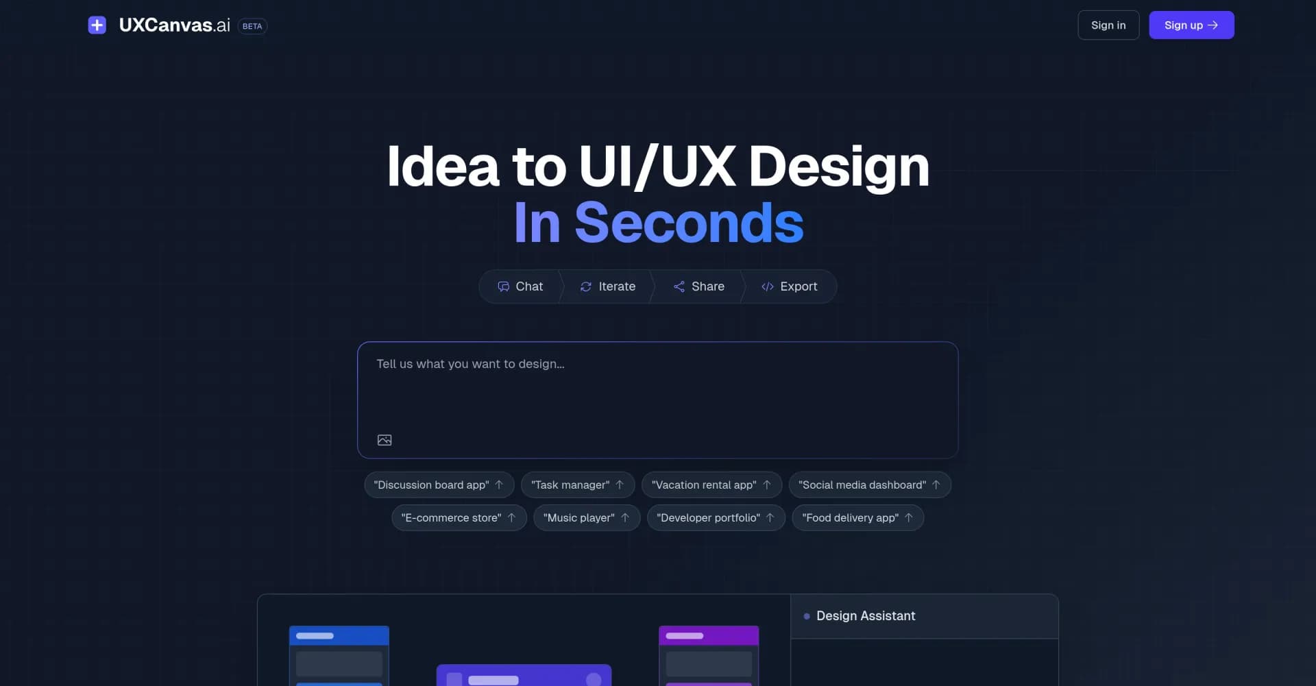 UXCanvas.ai homepage screenshot — Idea to UI/UX Design Prototype in Seconds