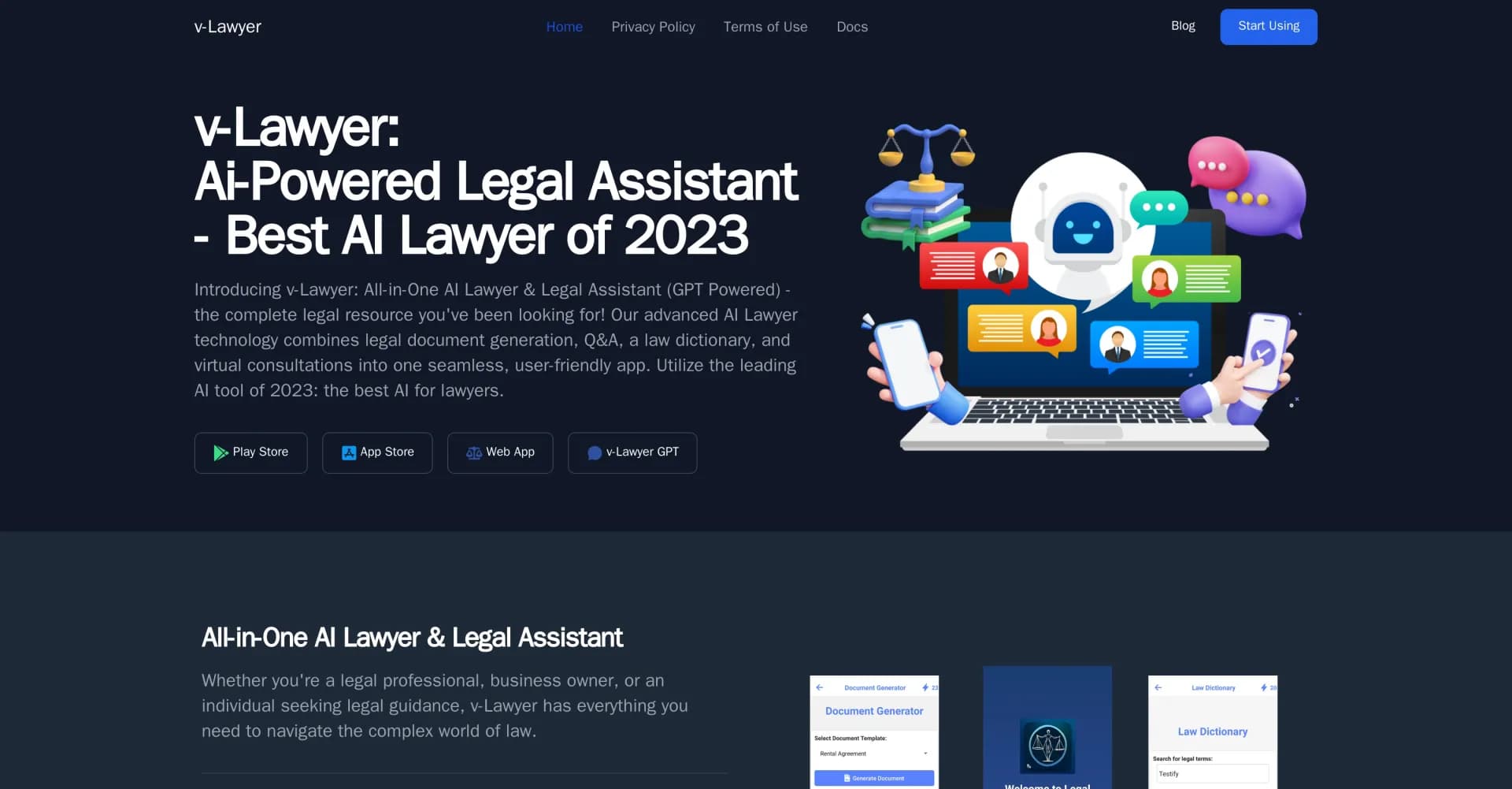 v-Lawyer homepage screenshot — AI-powered legal assistant for affordable, simplified legal 