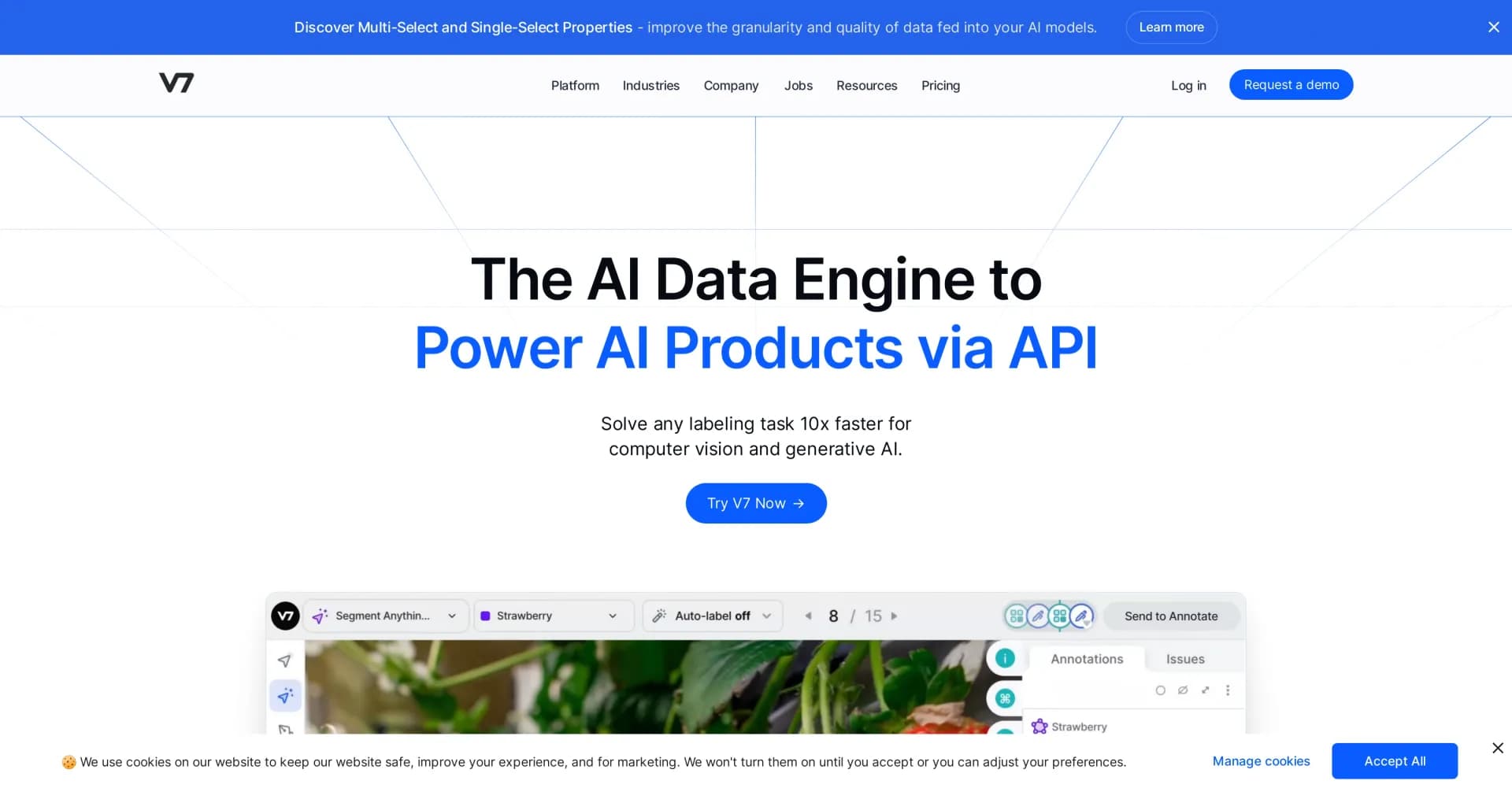 V7Labs homepage screenshot — AI data engine for computer vision and generative AI
