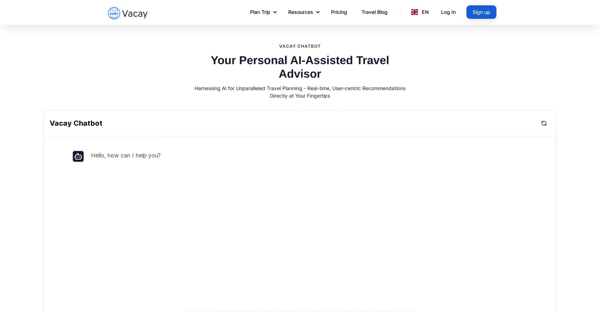 Vacay homepage screenshot — Your AI travel companion for personalized adventures