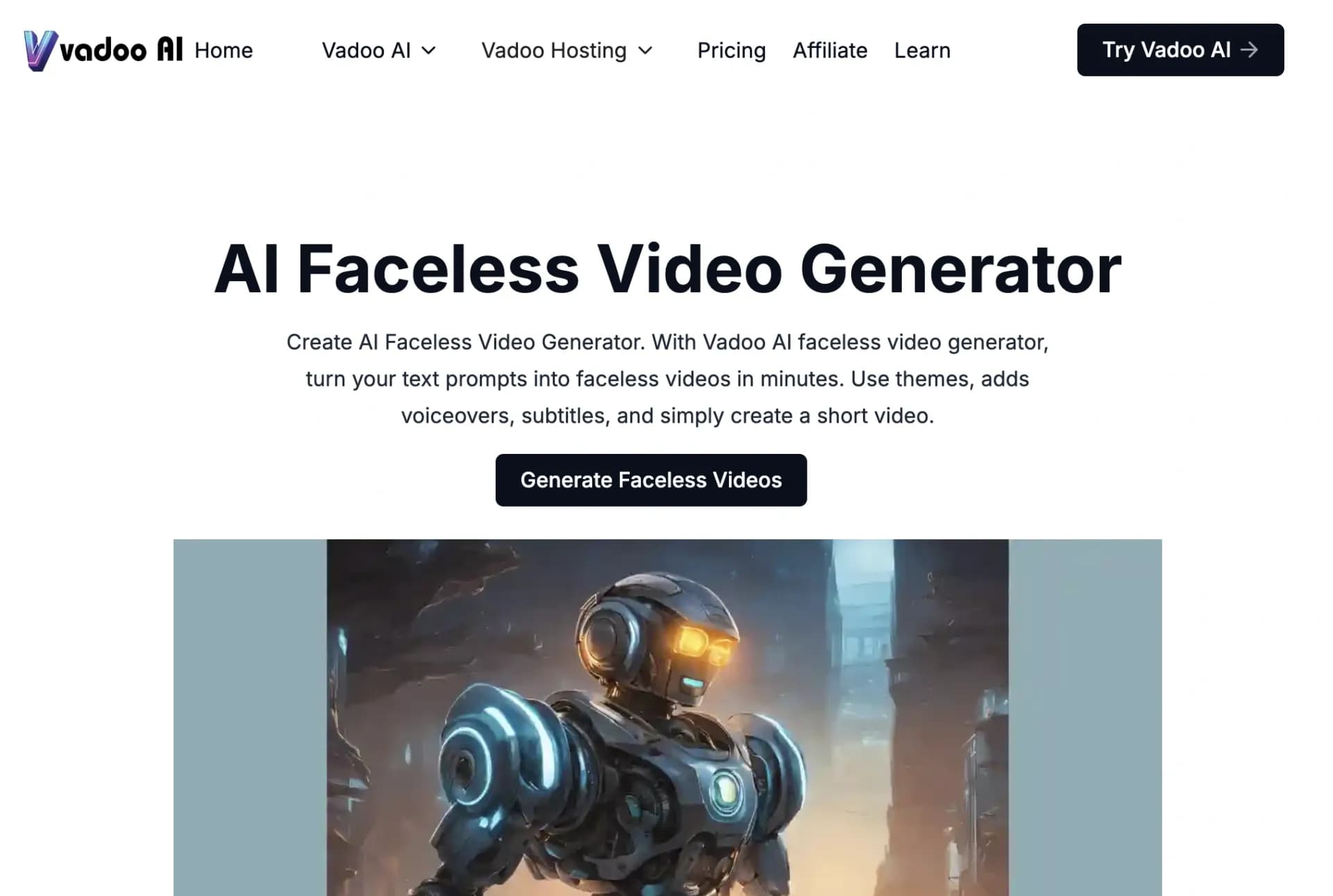 Vadoo AIv1.0 homepage screenshot — Generate videos from prompts and scripts.