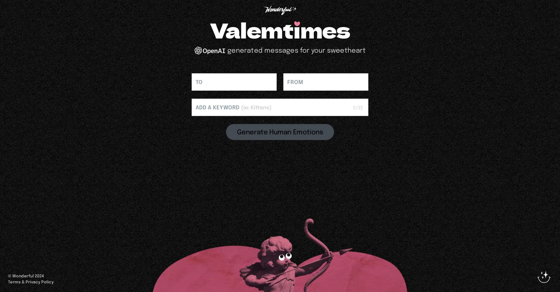 Valemtimes homepage screenshot — AI-powered Valentine messages for your sweetheart.