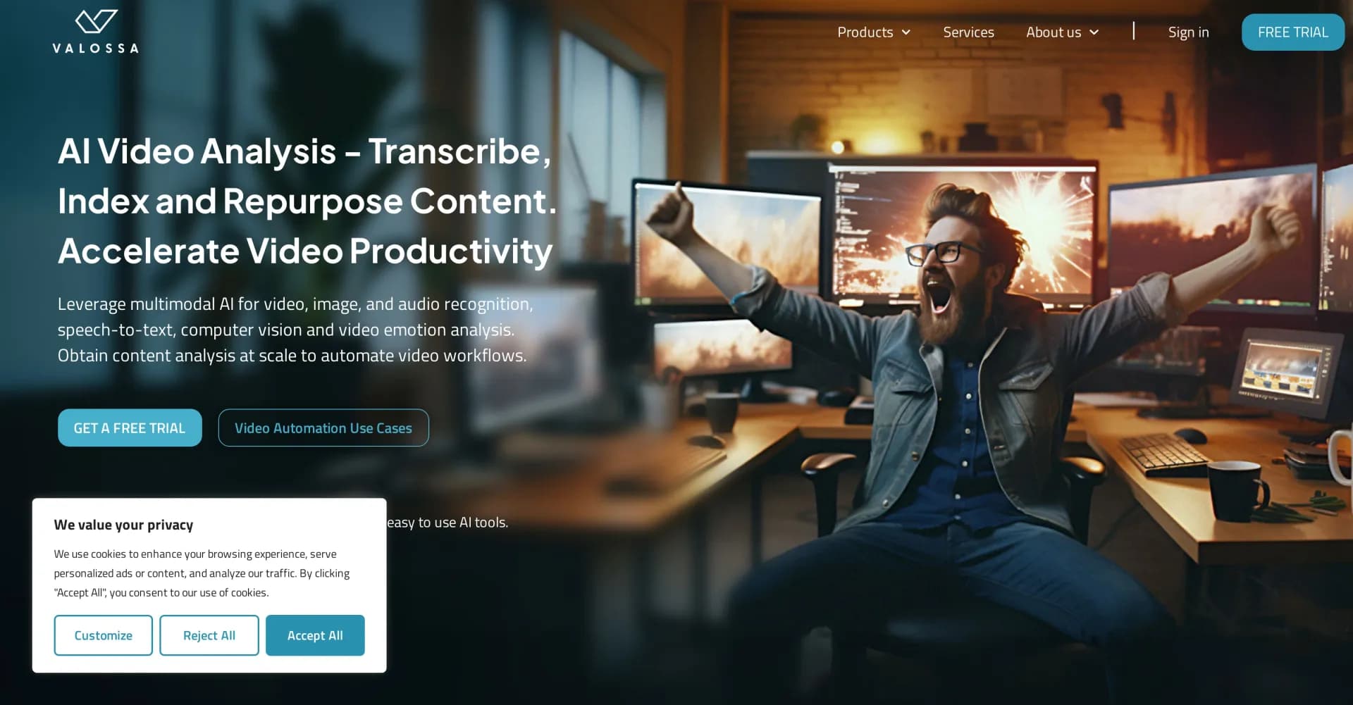 Valoss homepage screenshot — Analyze and repurpose video content with AI